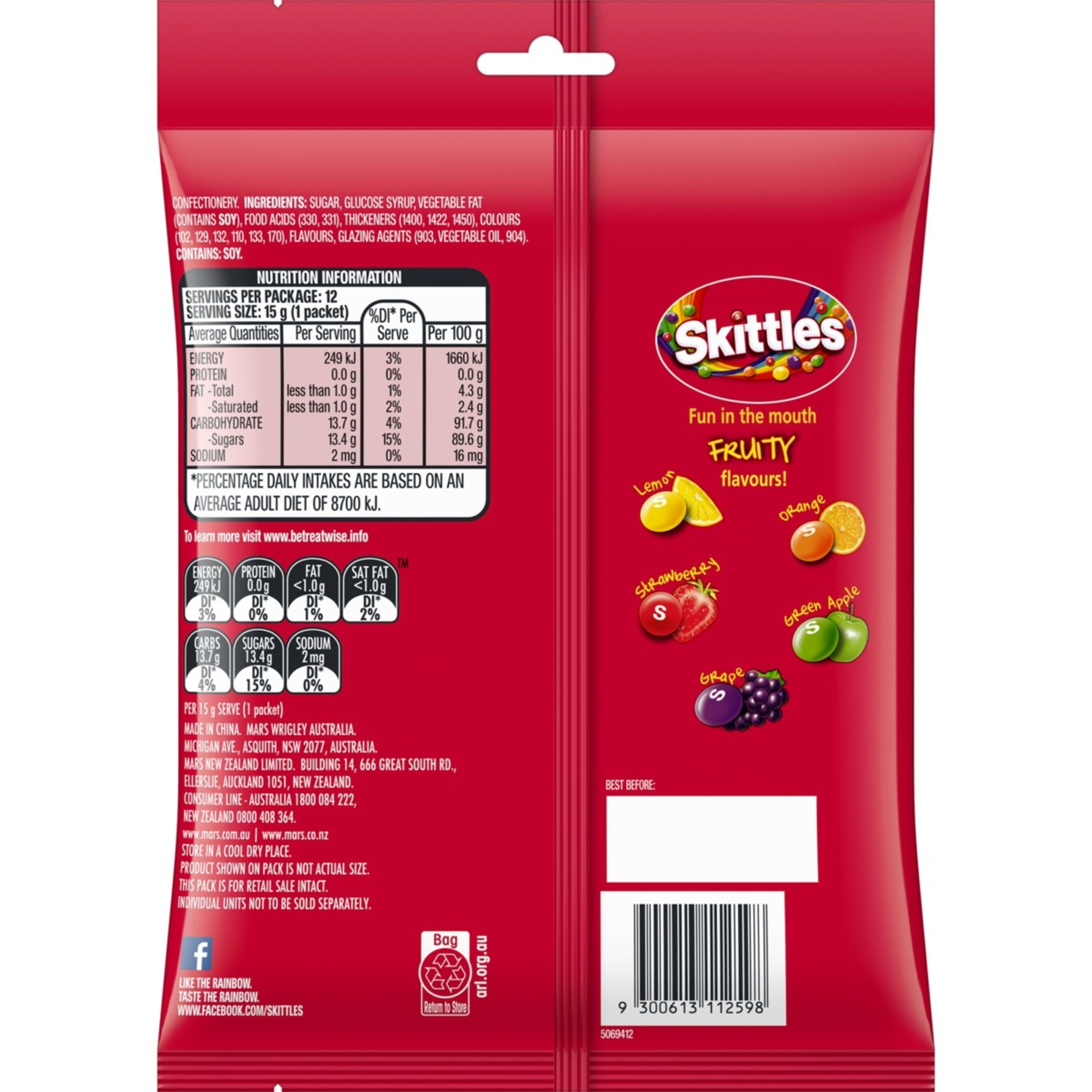 12 Pieces Skittles Fruits Chewy Lollies Party Share Bag 180g Kmart