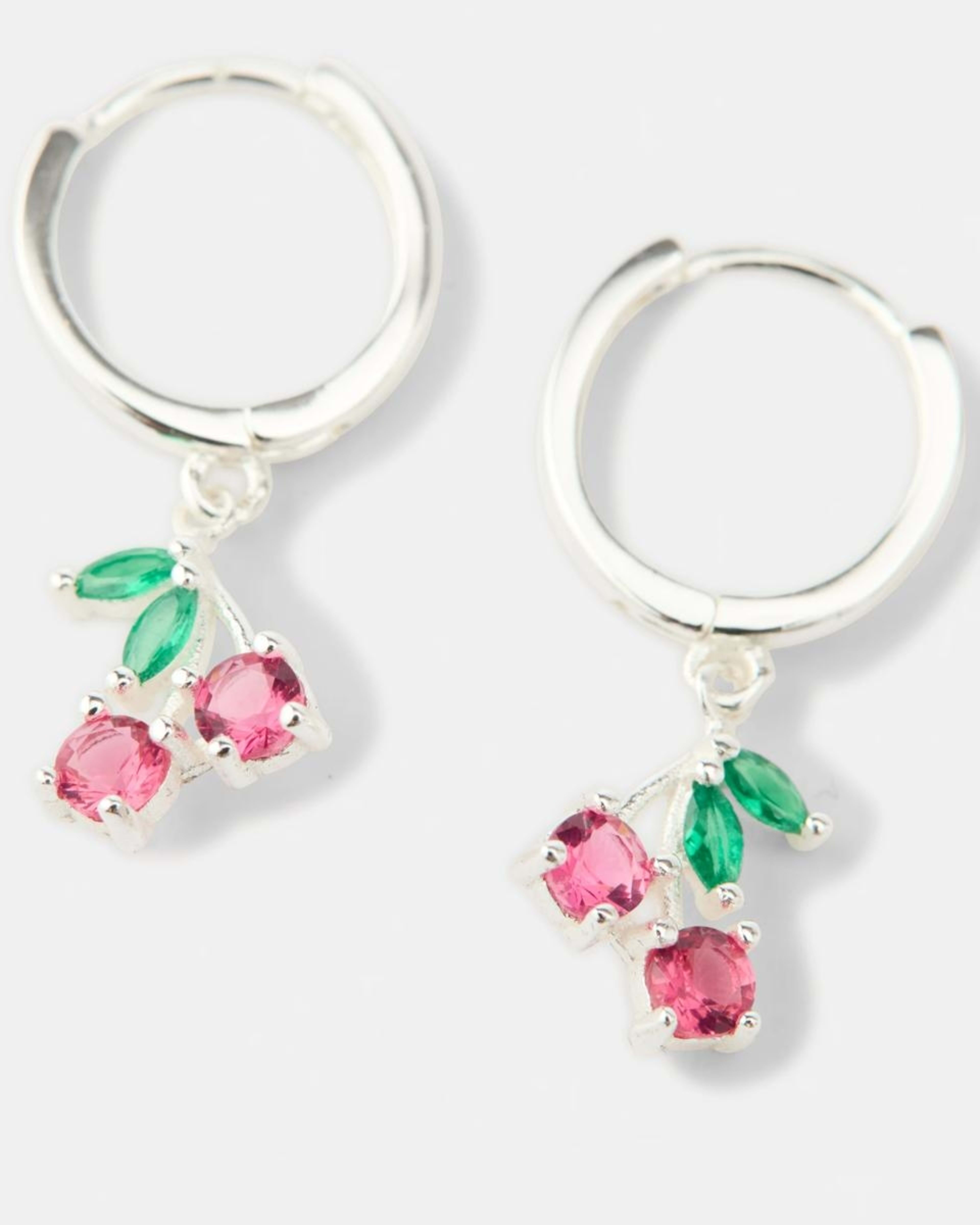 2 Cubic Zirconia Sterling Silver 925 Cherry Huggie Hoop Earrings Silver, 2 of 5