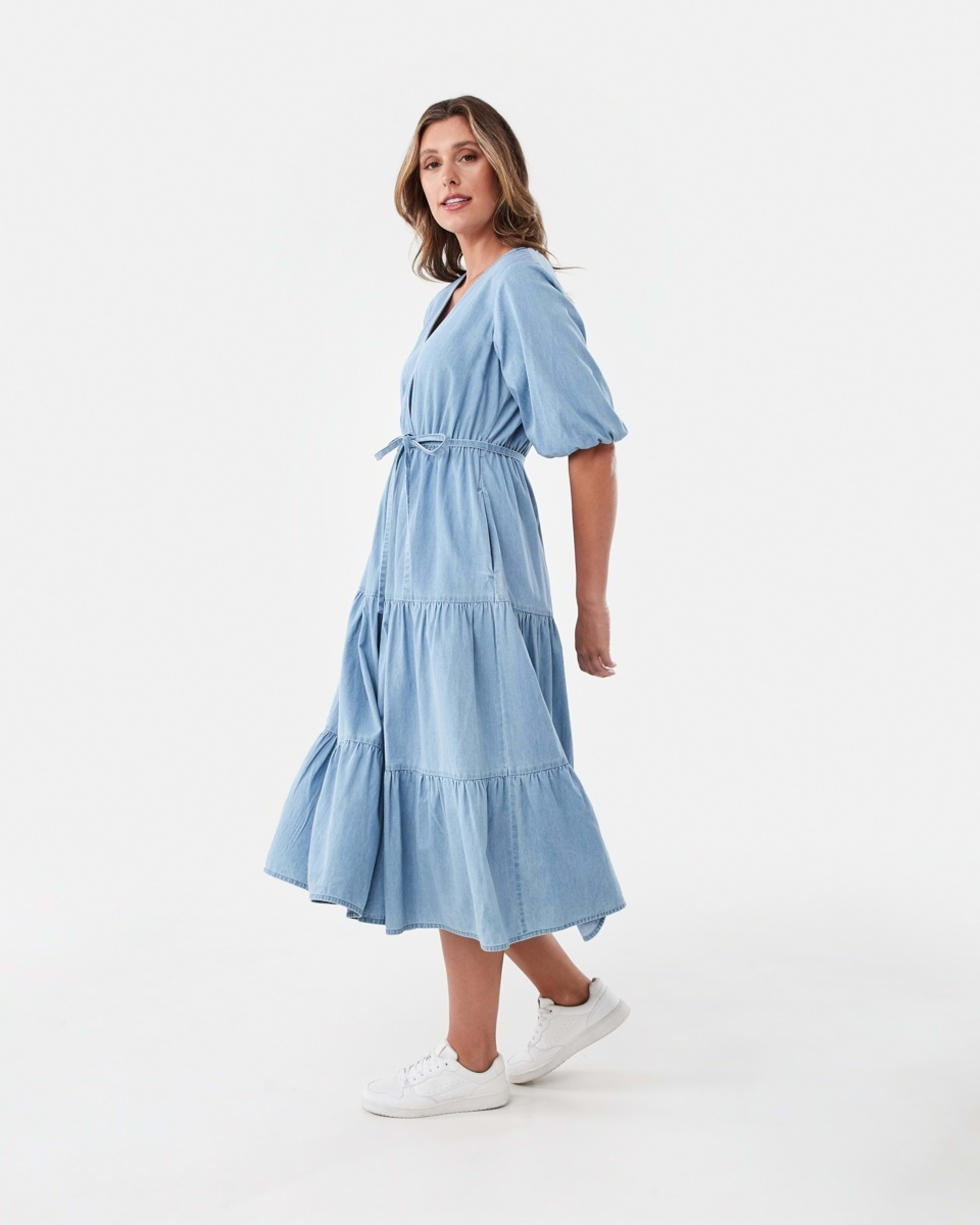 2 Short Sleeve Wrap Chambray Midi Dress Light Wash, 2 of 7