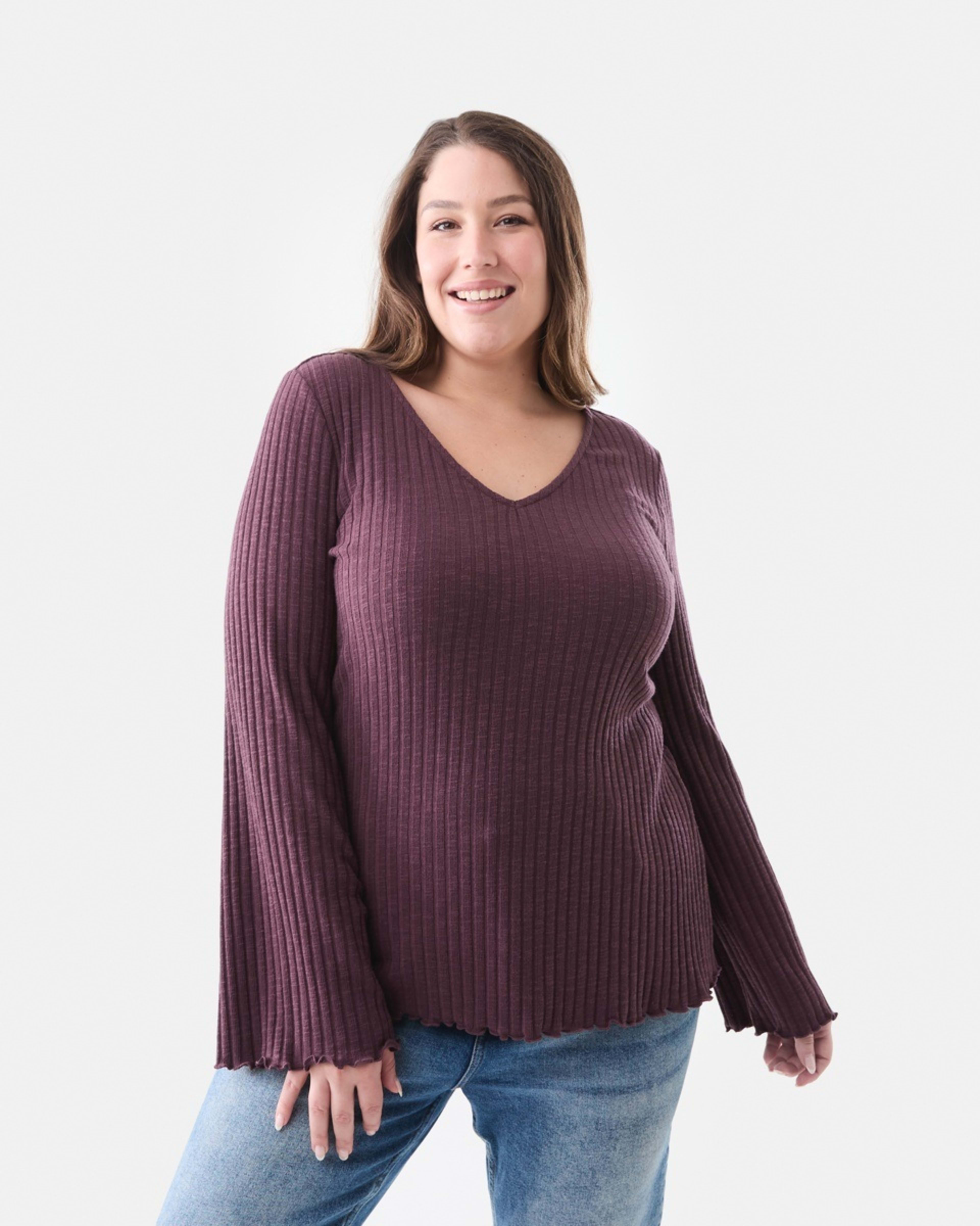 1 Curve Long Sleeve V-Neck Rib Top Crushed Berry