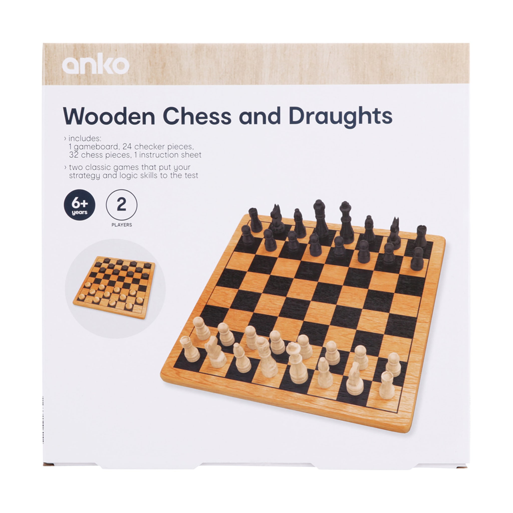 Wooden Chess and Draughts Game Kmart