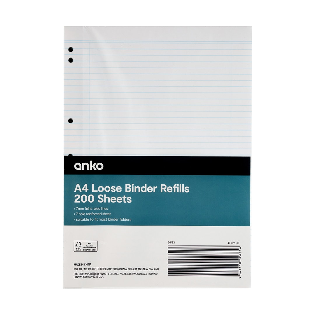 200 Pack A4 Loose Binder Refills Kmart