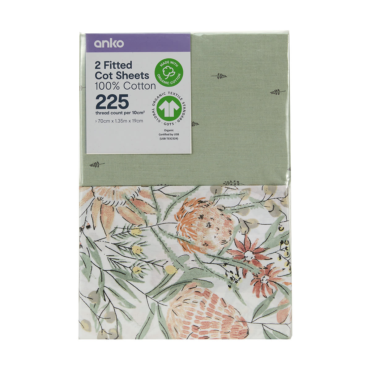 2 Pack Organic Cotton Fitted Cot Sheets Floral Kmart