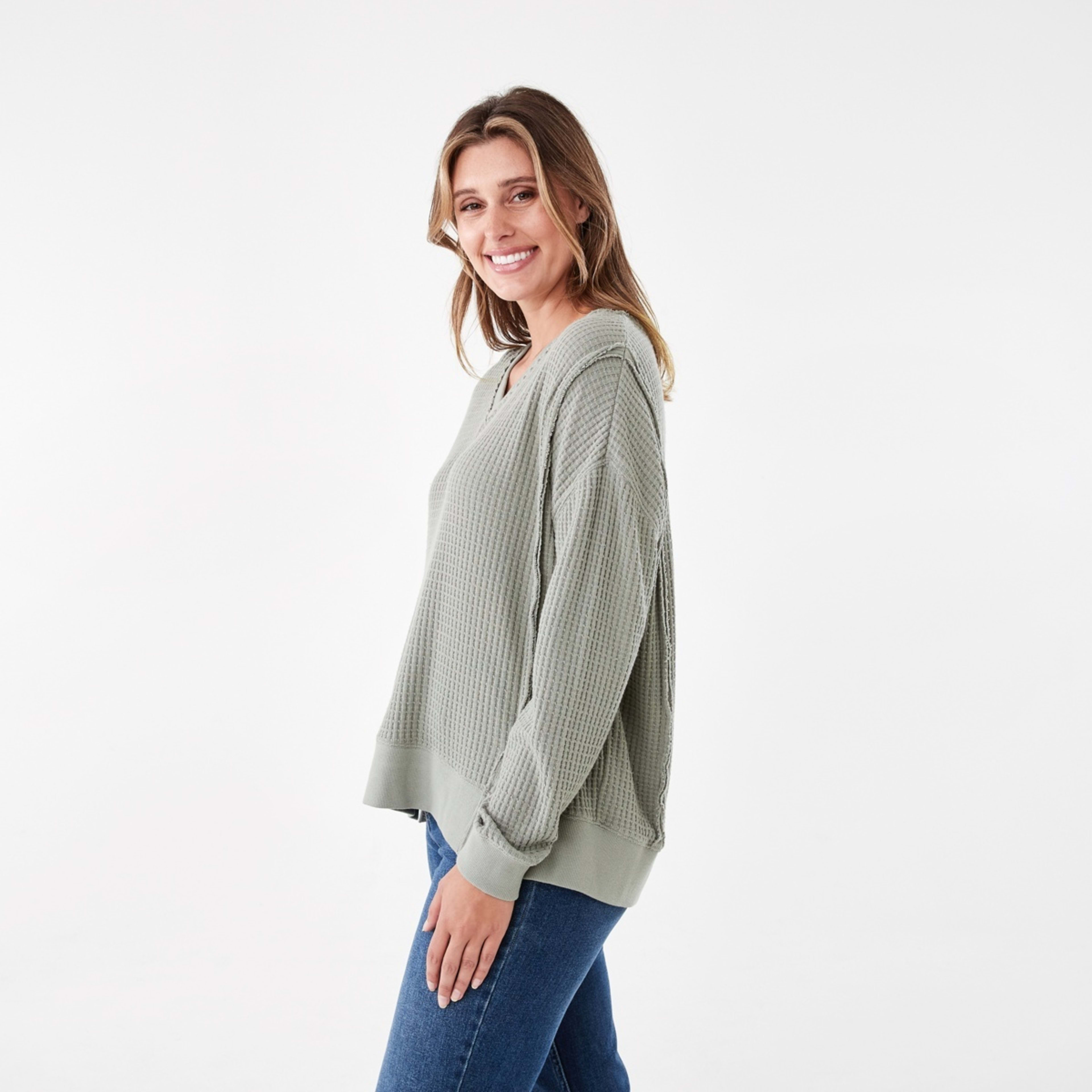 2 Long Sleeve Waffle V-Neck Top Soft Khaki, 2 of 6