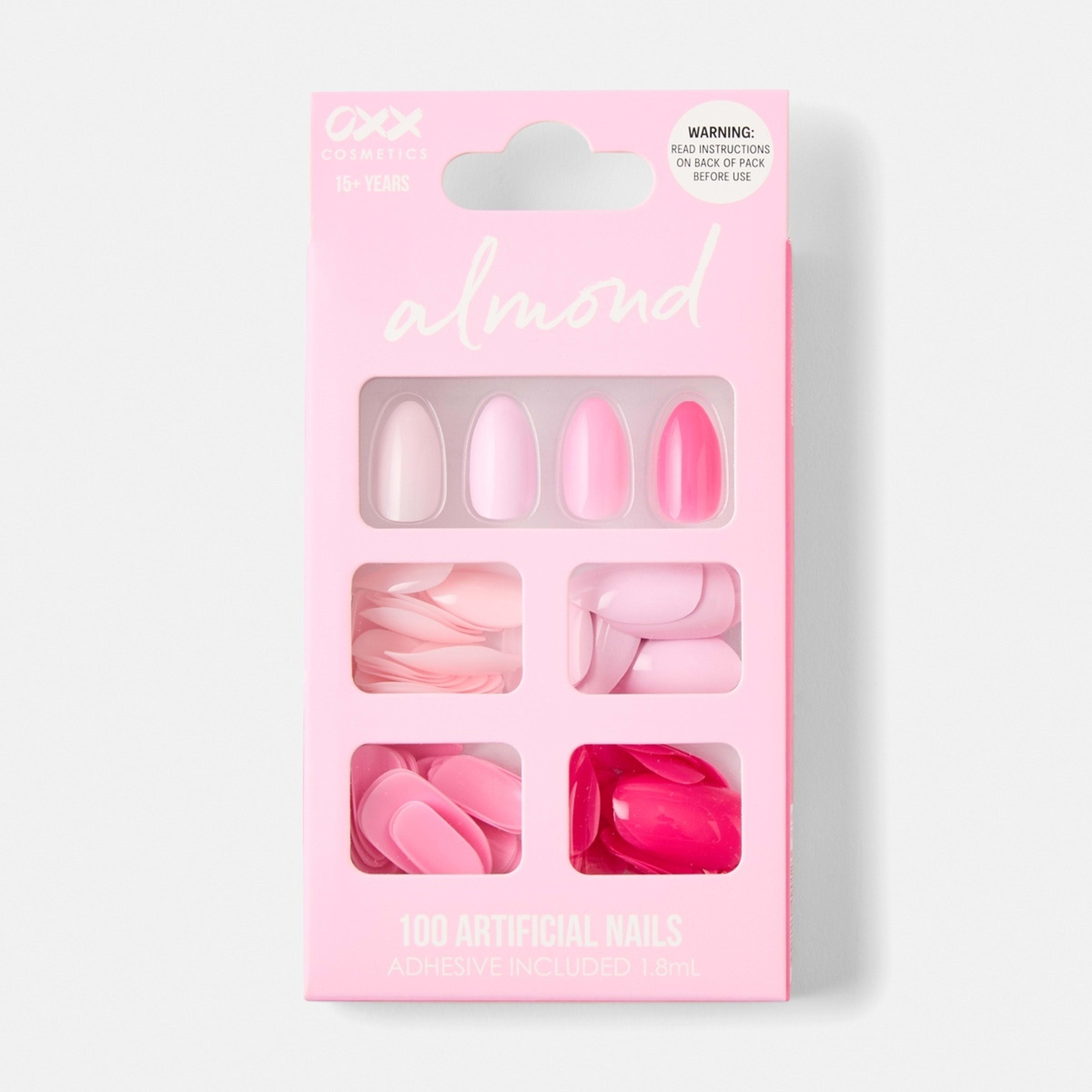 1 OXX Cosmetics 100 Pack Artificial Nails with Adhesive - Almond Shape, Pink
