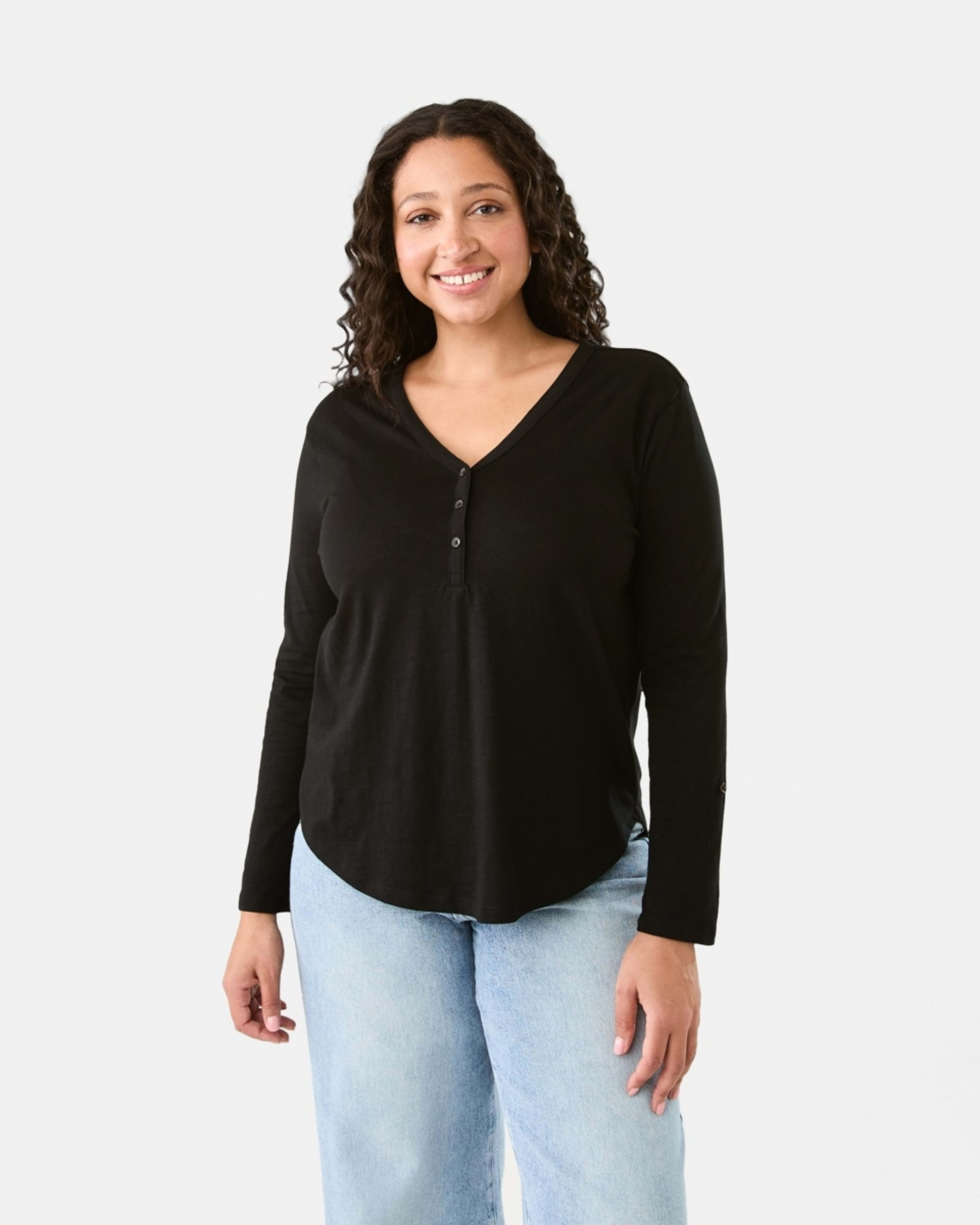 1 Long Sleeve Textured Button Front Top Black