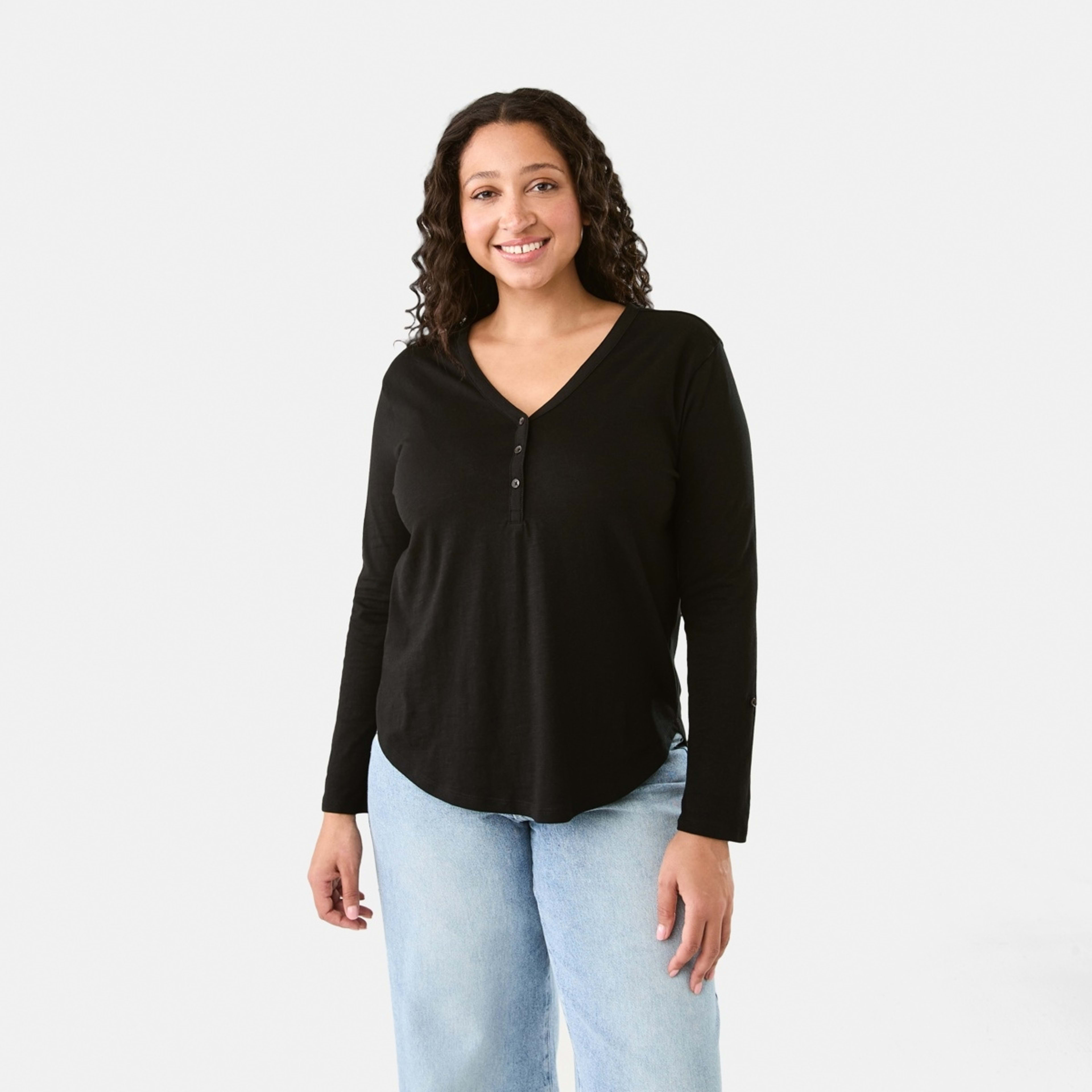 1 Long Sleeve Textured Button Front Top Black, 1 of 9