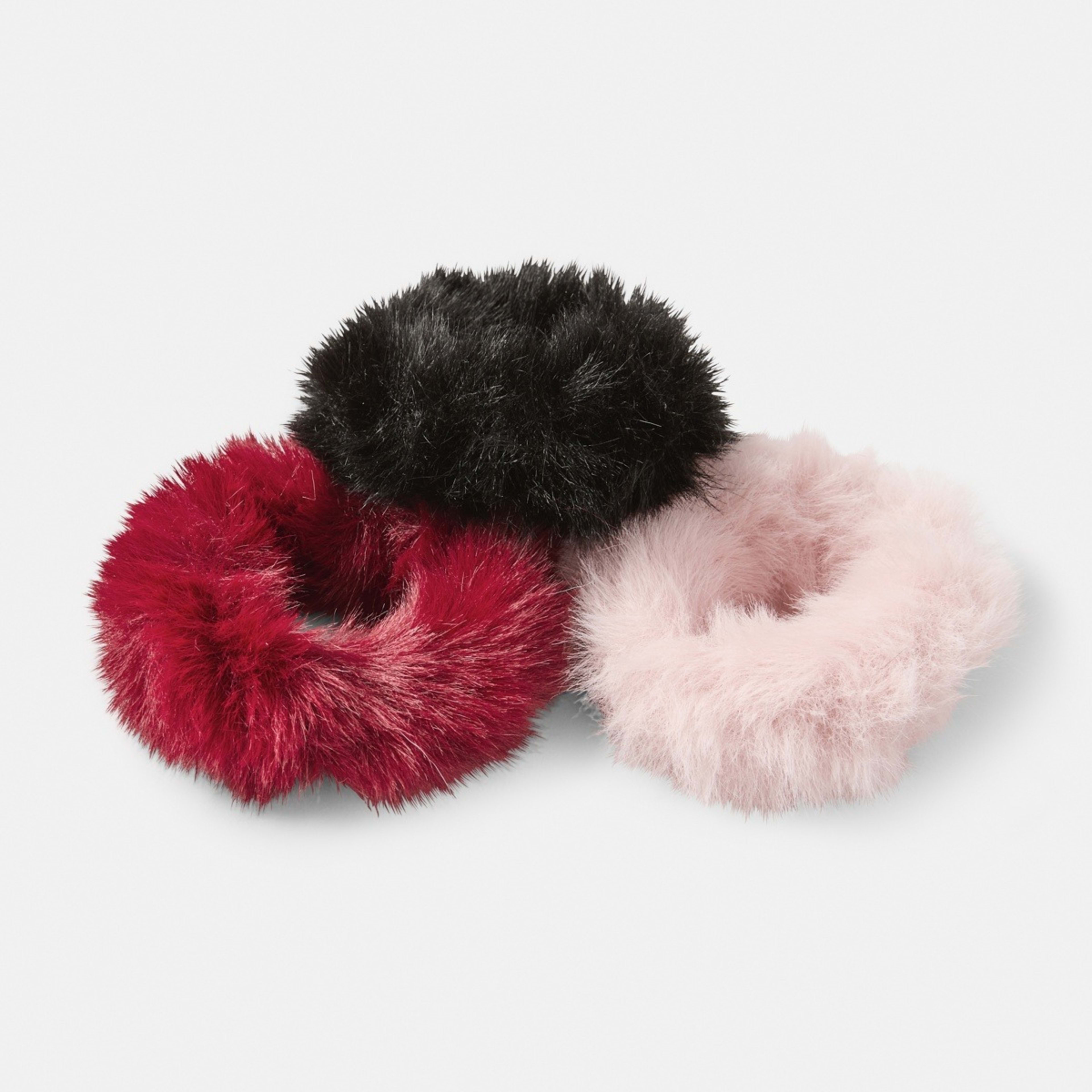 3 3 Pack Faux Fur Hair Scrunchie - Red, Pink and Black, 3 of 5