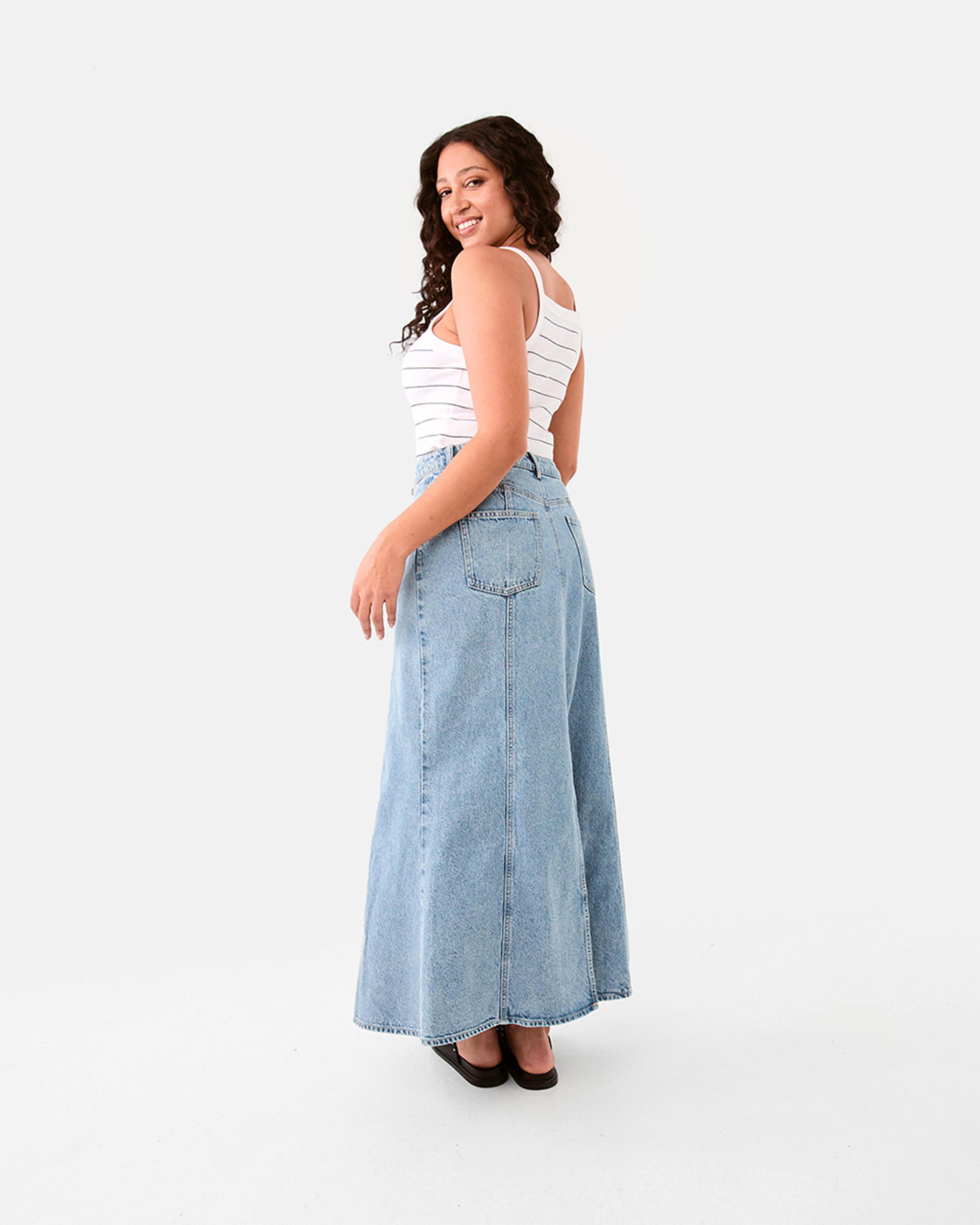 3 Panelled Denim Maxi Skirt Mid Wash, 3 of 7