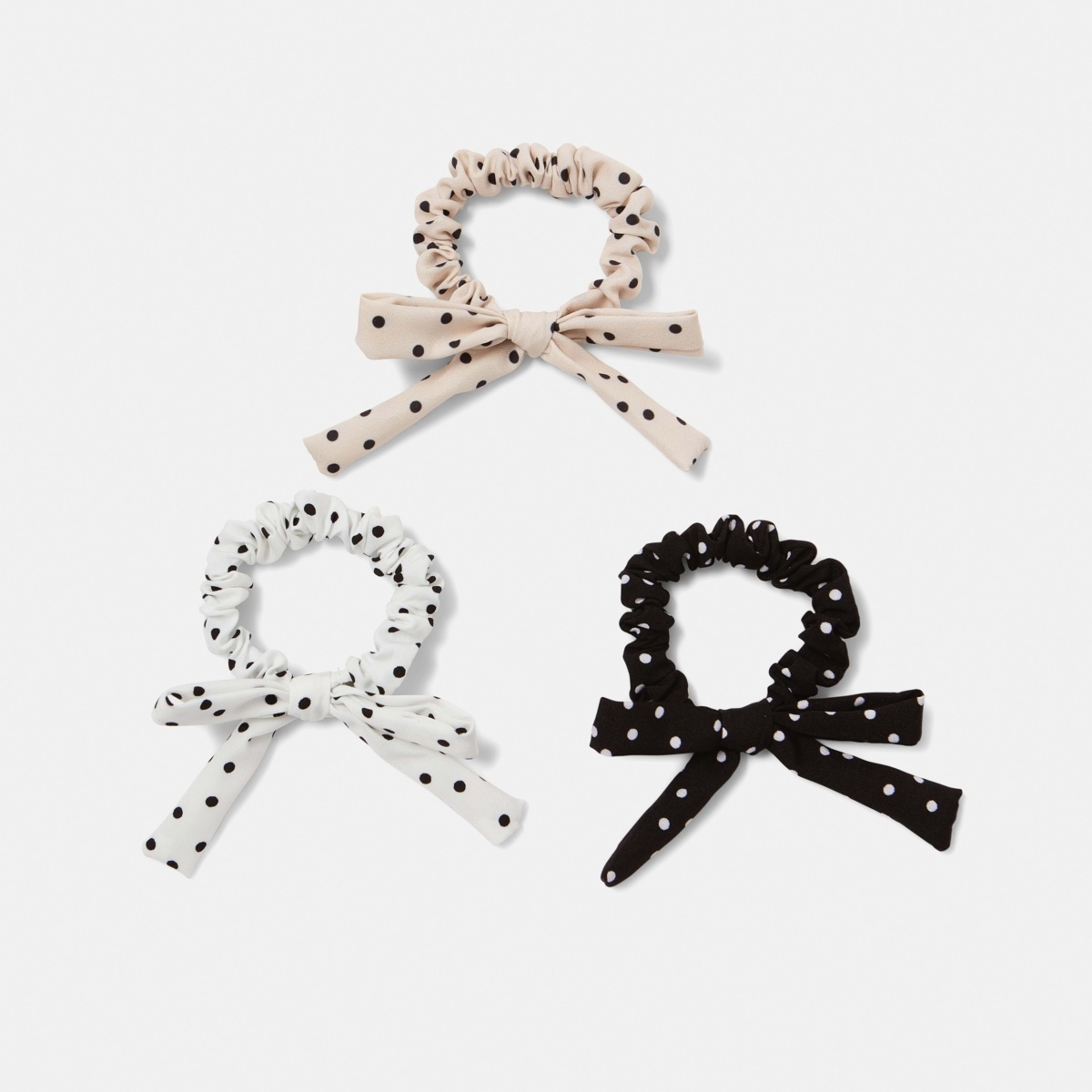 1 3 Pack Polka Dot Bow Hair Scrunchies - Black, White and Beige
