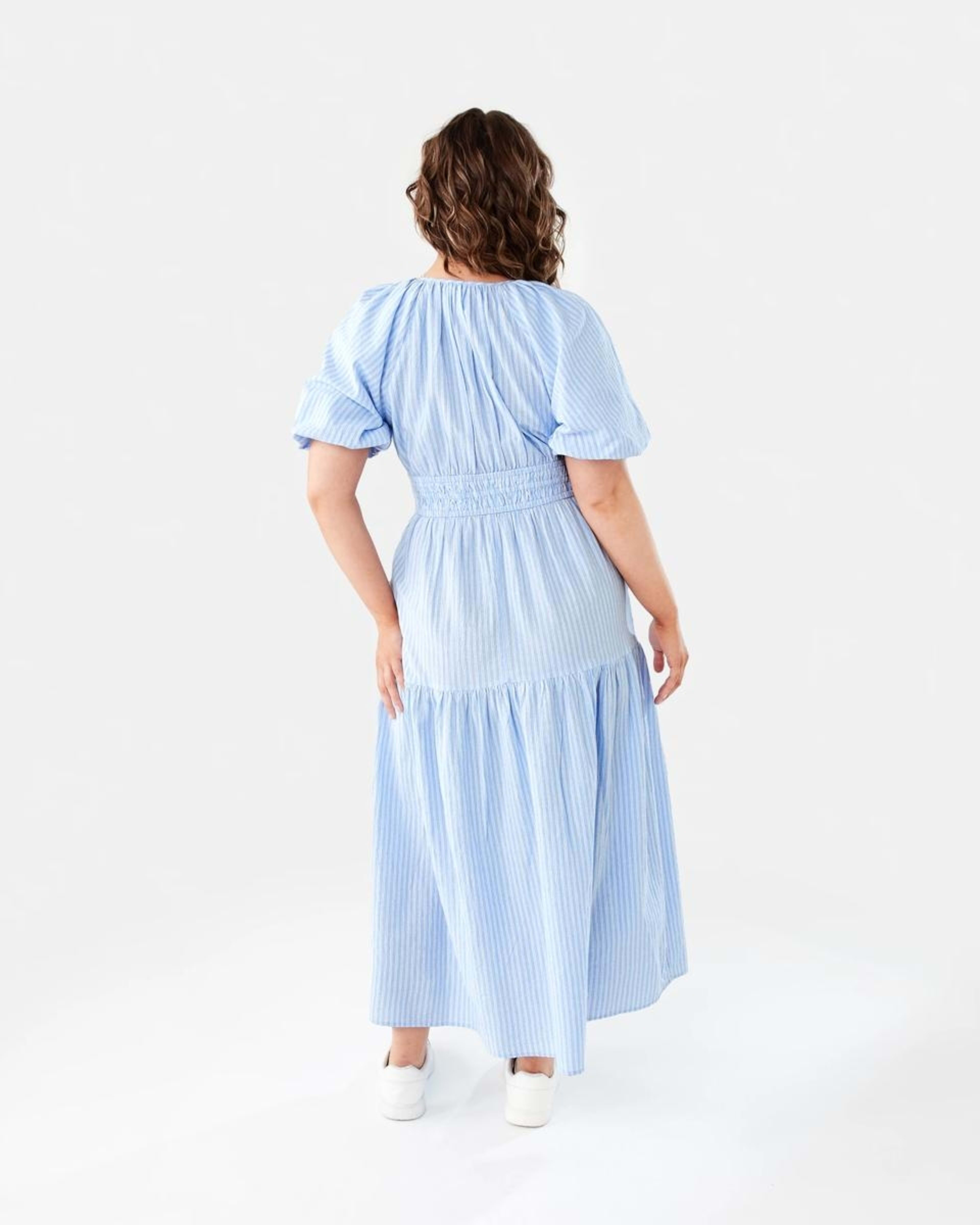 3 Short Sleeve Shirred Waist Midi Dress DANI STRP BRUNI BLUE, 3 of 9