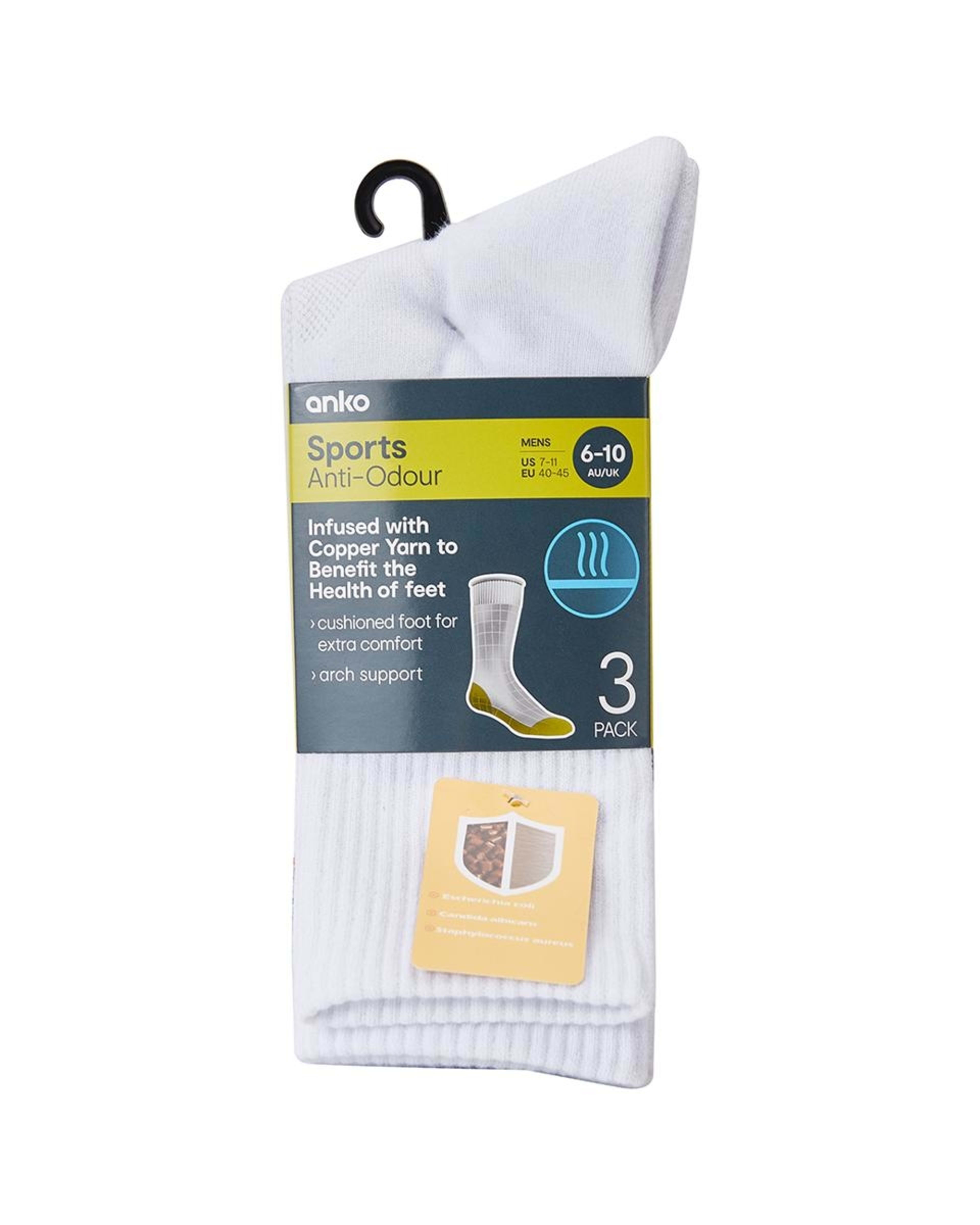 3 3 Pack Anti Odour Sport Crew Socks WHITE, 3 of 3