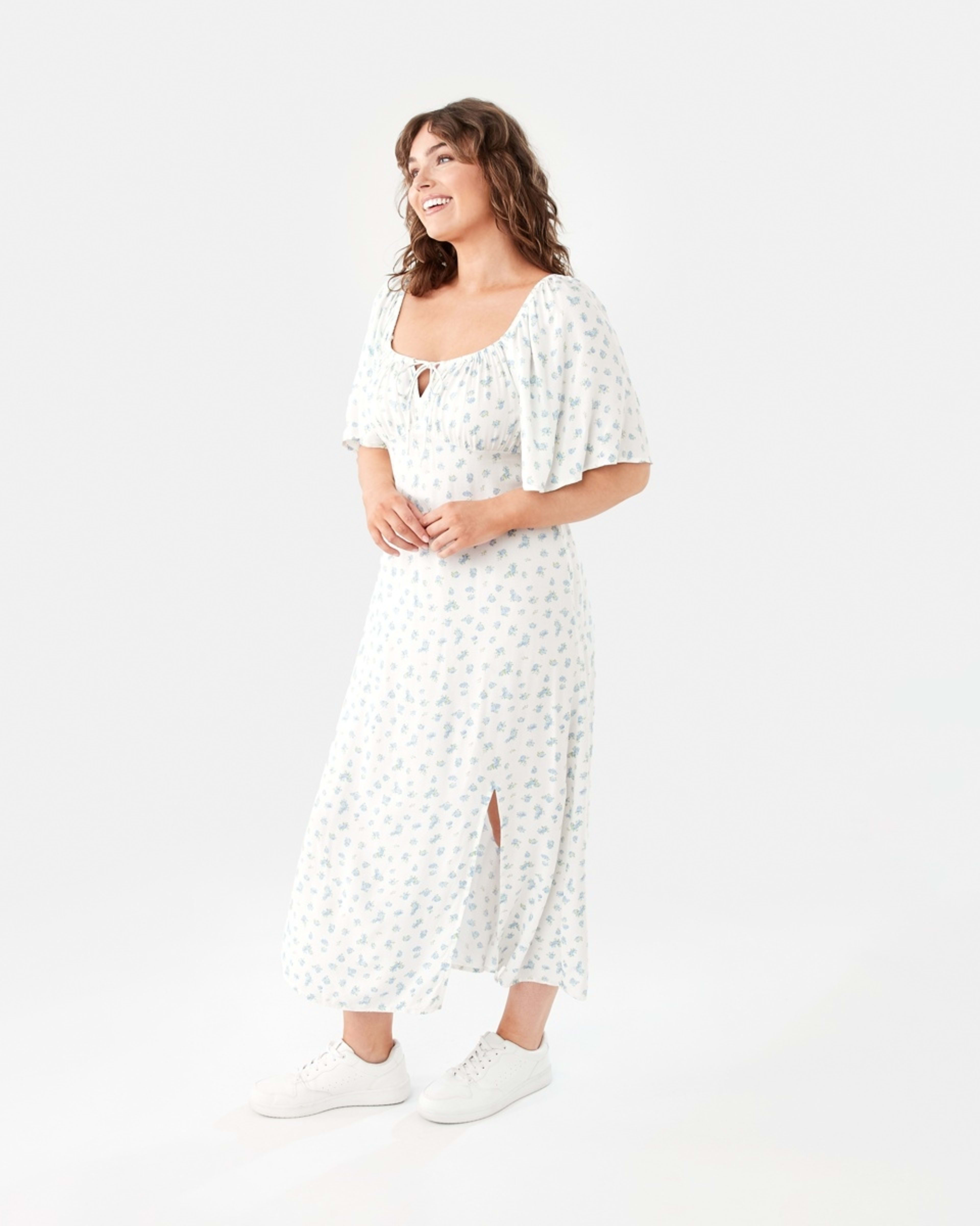 3 Short Sleeve Square Neck Tea Midi Dress DITSY ROSE CLOUD WHITE, 3 of 8