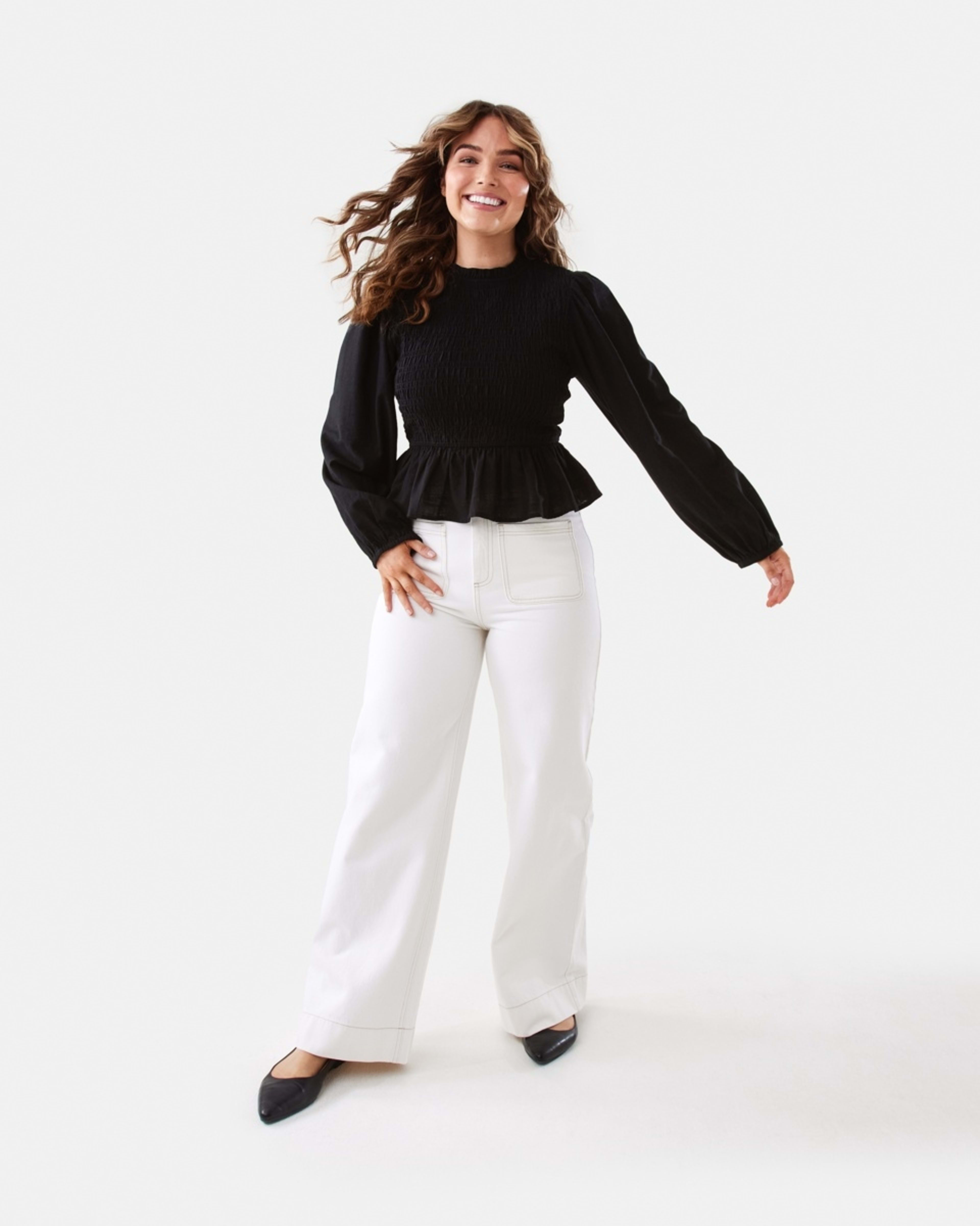 2 Long Sleeve Shirred Bodice Top Black, 2 of 9