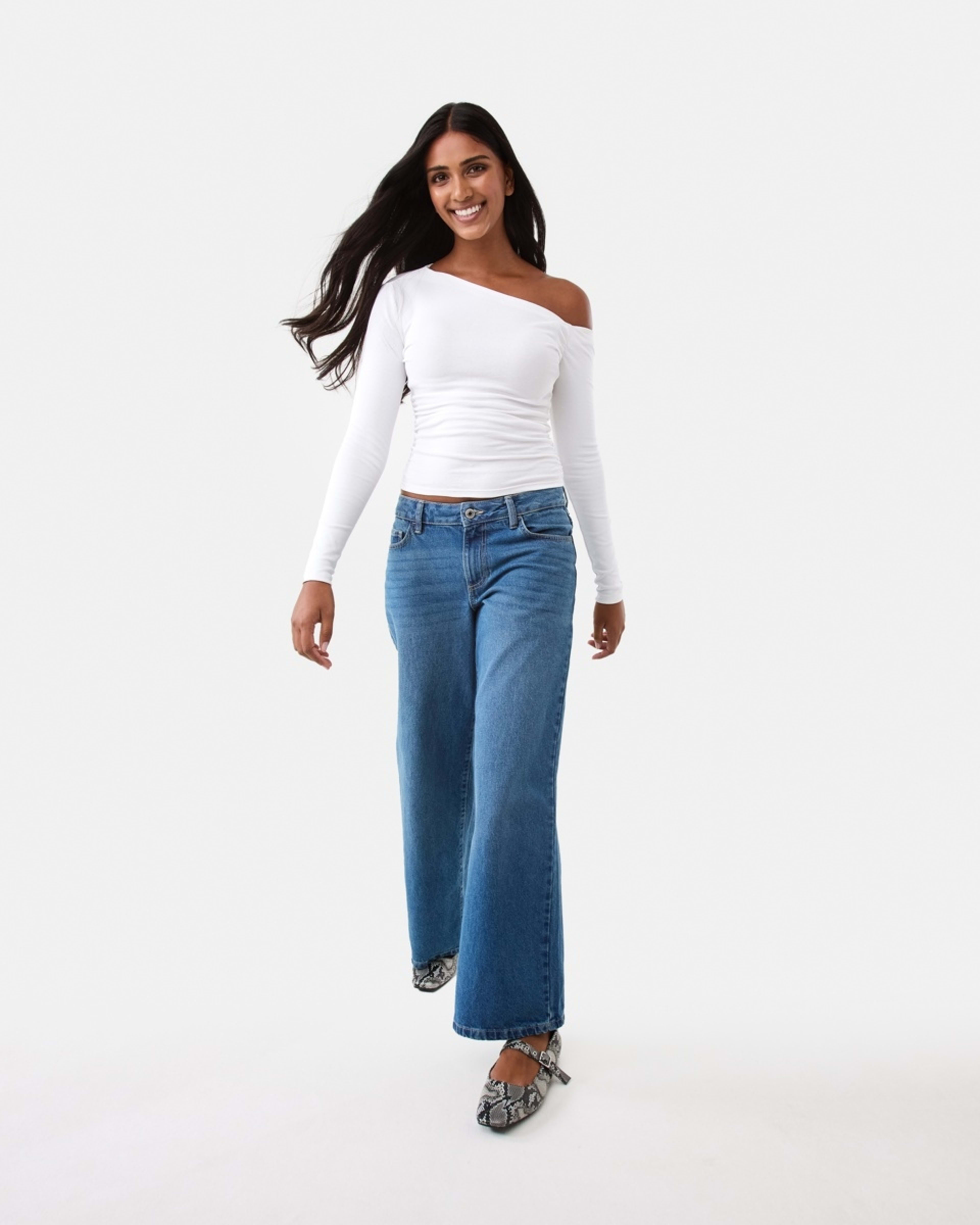 2 Long Sleeve Off Shoulder Ruched Top Ecru, 2 of 8