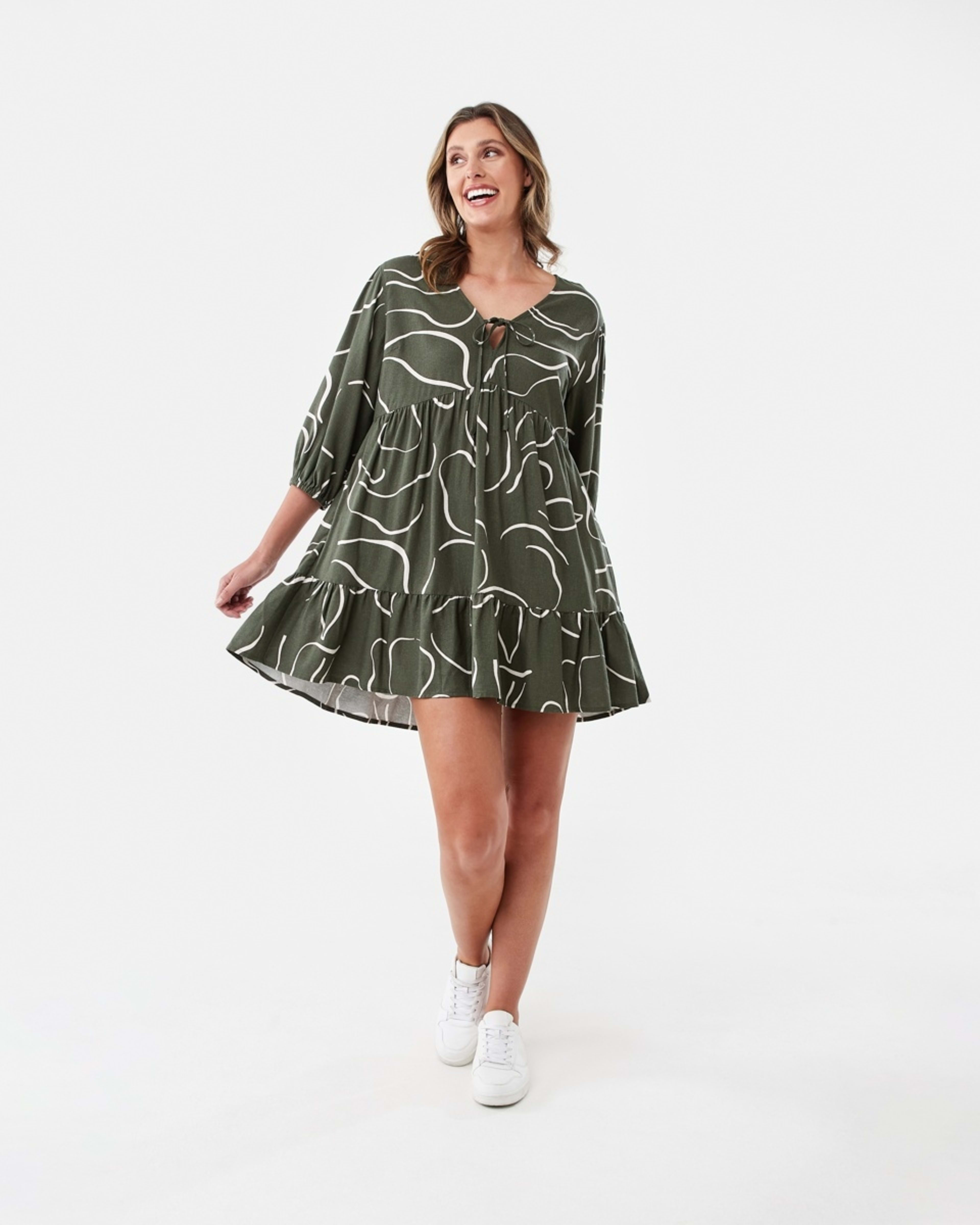 7 3/4 Balloon Sleeve Tie Front Mini Dress Abst Line, 7 of 7