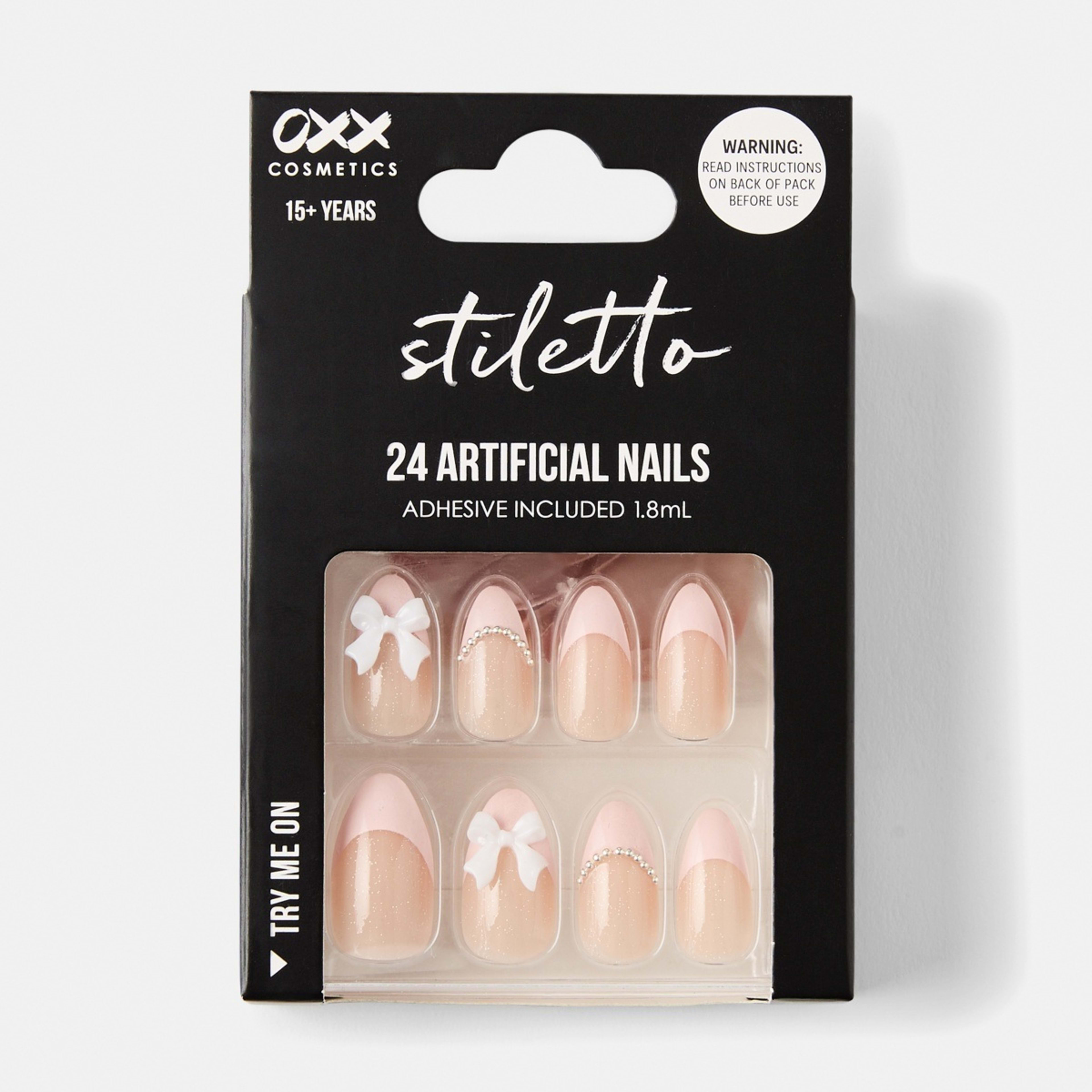 1 OXX Cosmetics 24 Pack Artificial Nails with Adhesive - Stiletto Shape, 3D Bow
