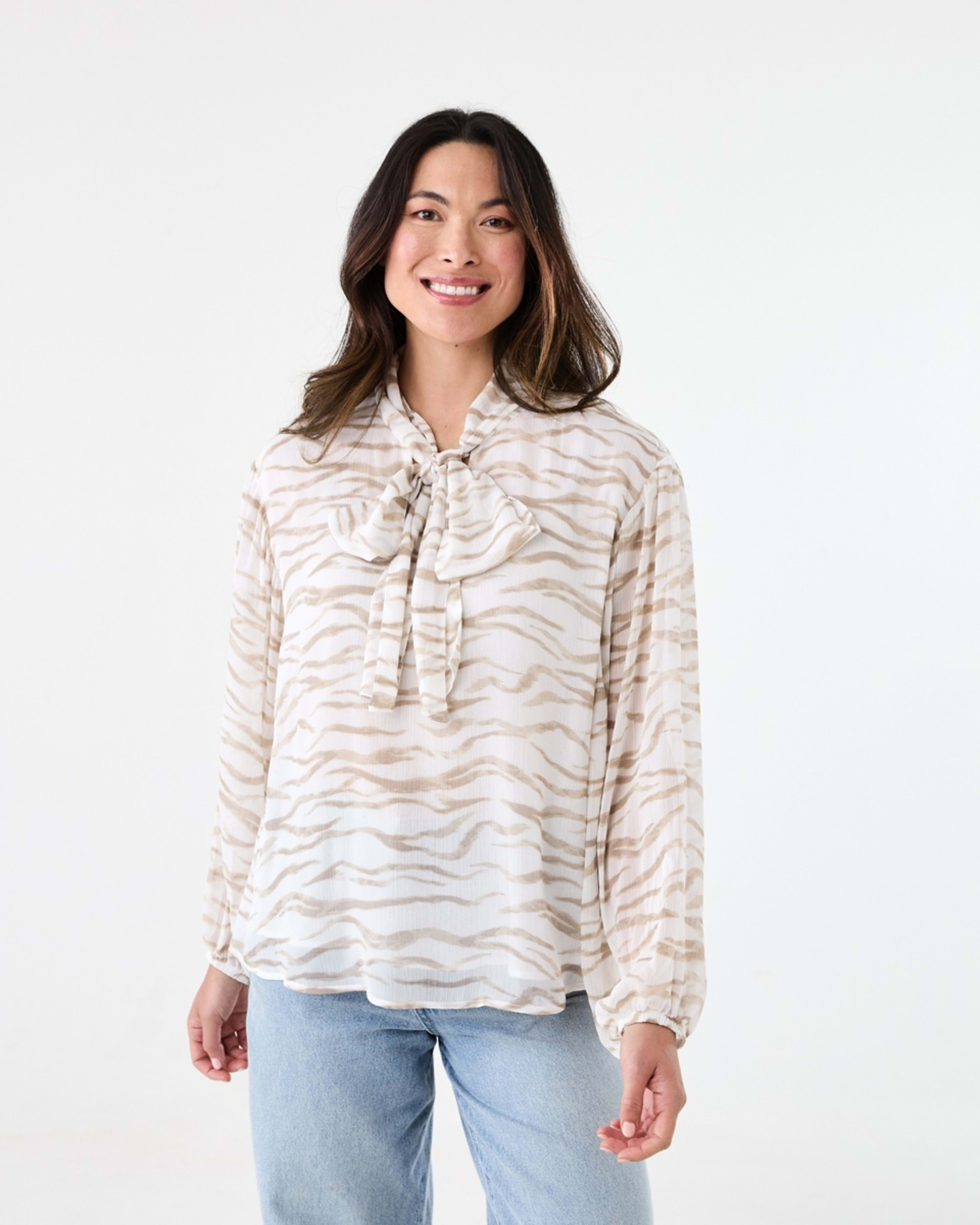 1 Long Sleeve Neck Tie Blouse Sft Zebra