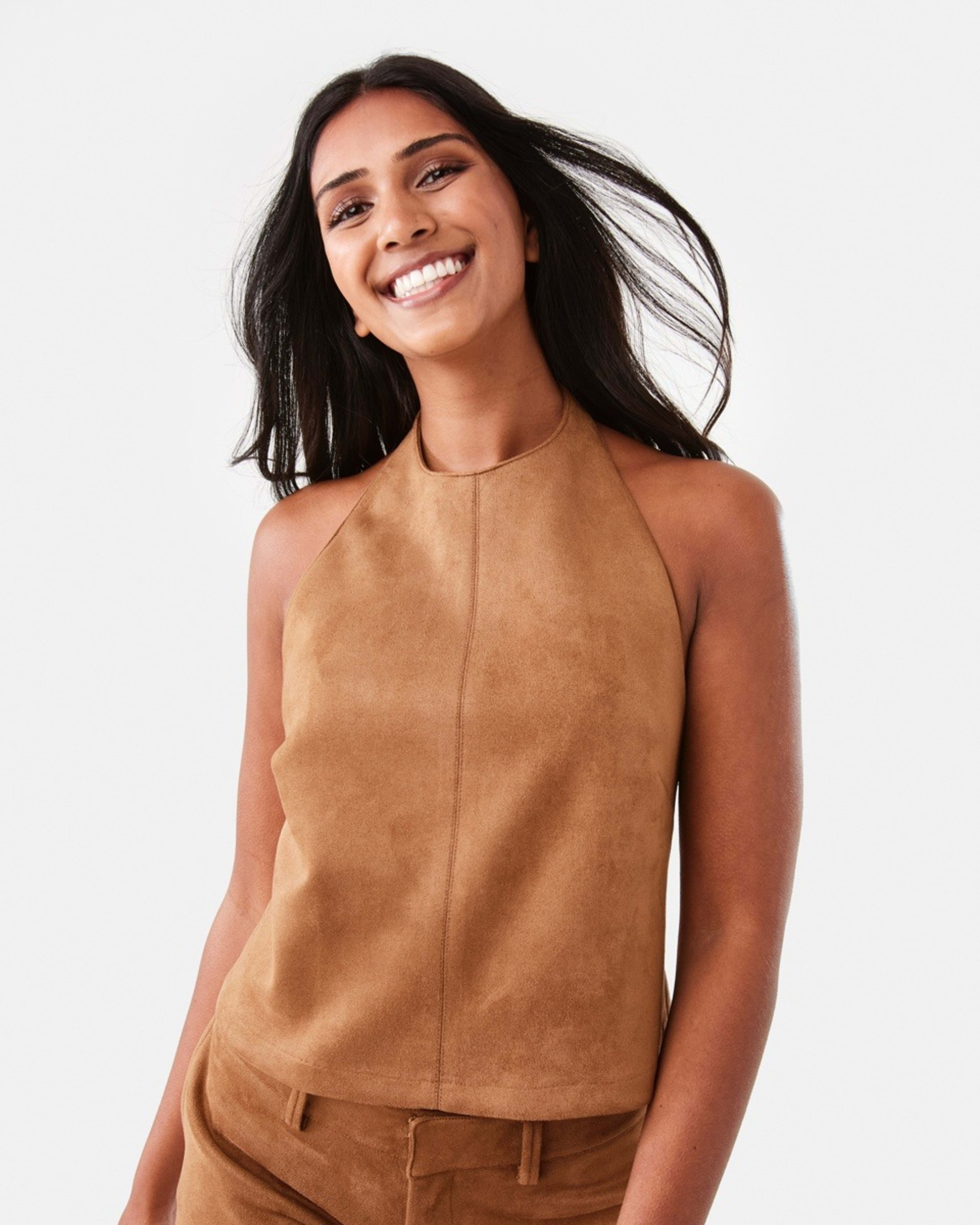 1 Sleeveless Halter Suede Top DEEP CAMEL