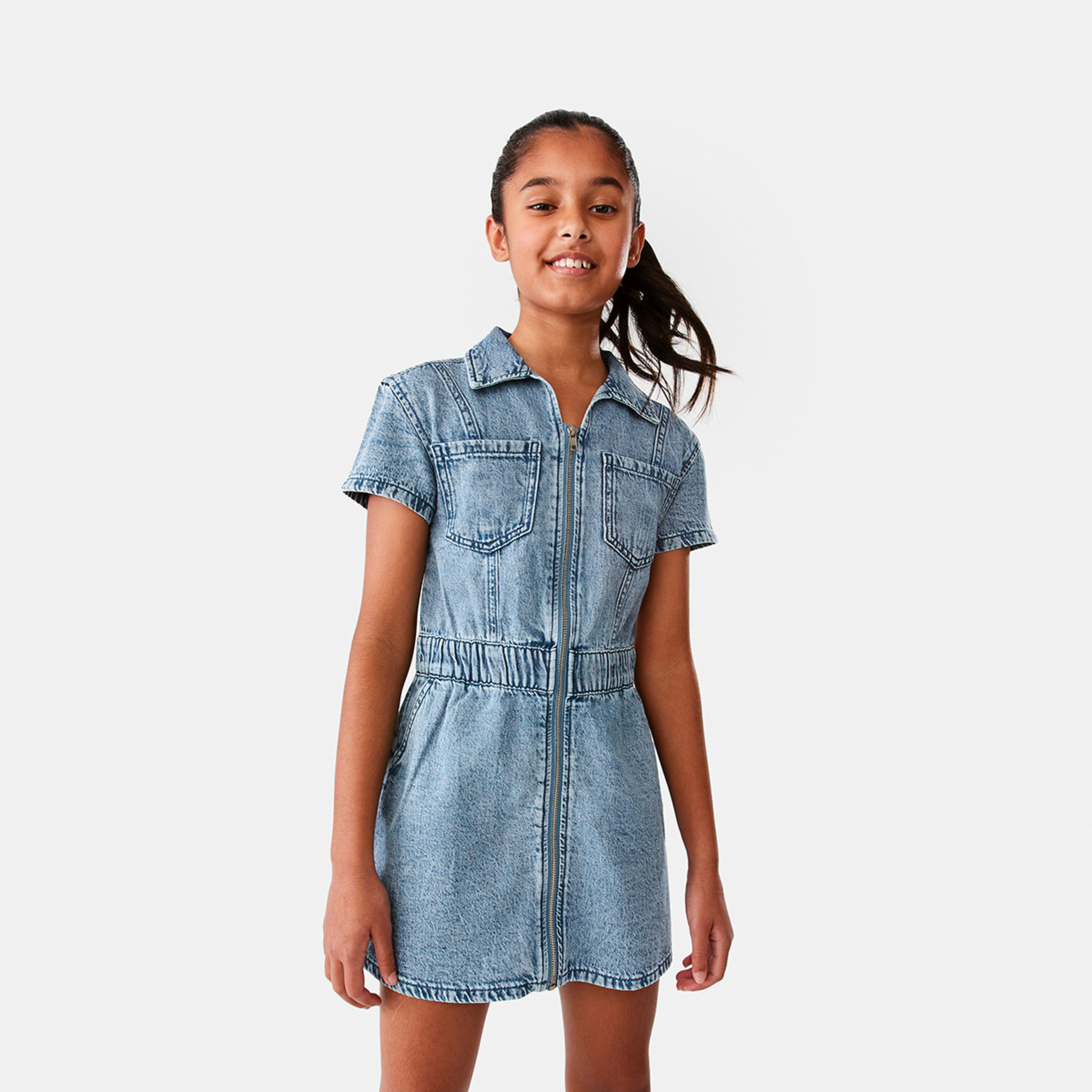 1 Denim Zip Through Dress Mid Denim Wash, 1 of 10