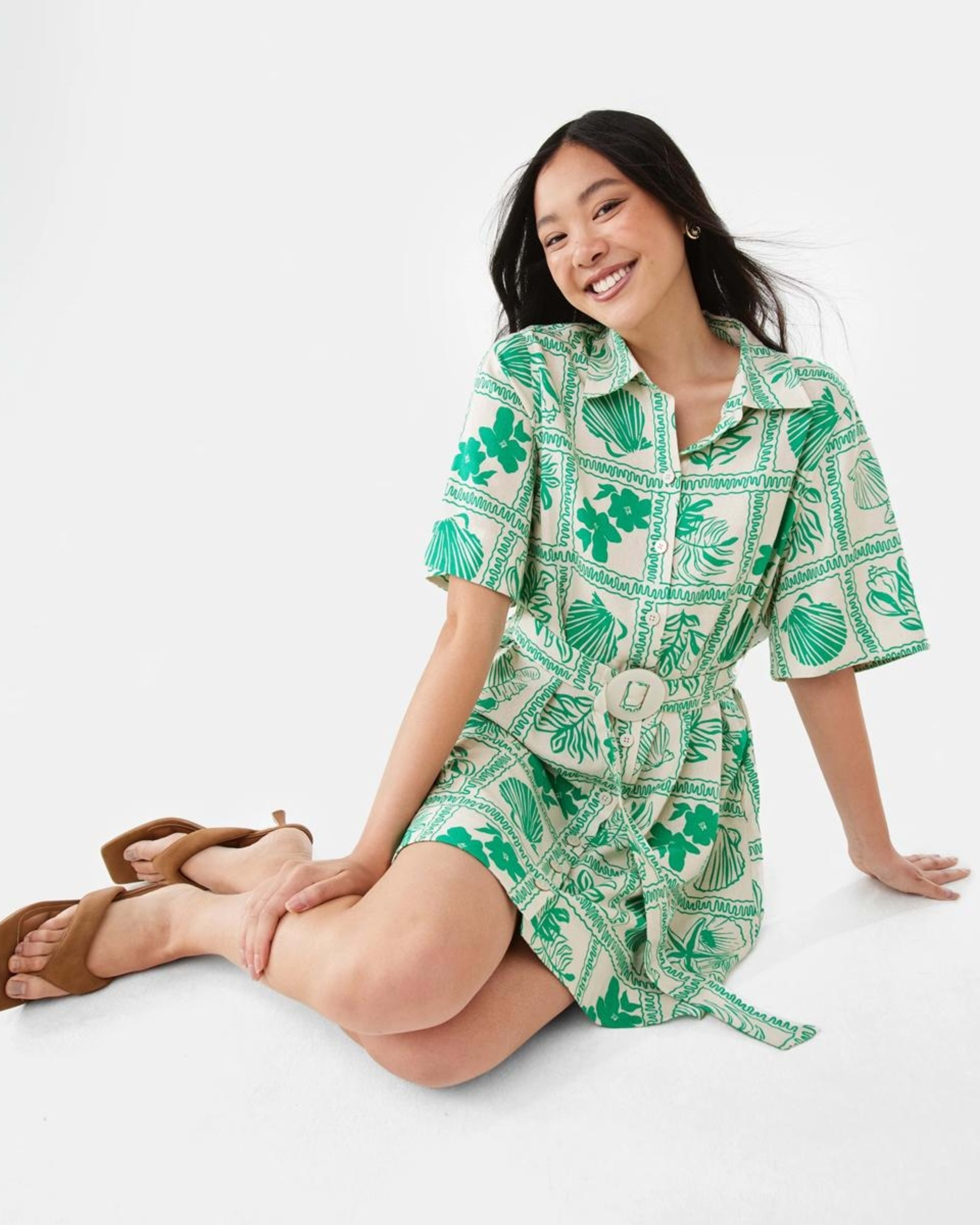 9 Short Sleeve Belted Mini Shirt Dress SHELL GEO SIMPLY GREEN, 9 of 11