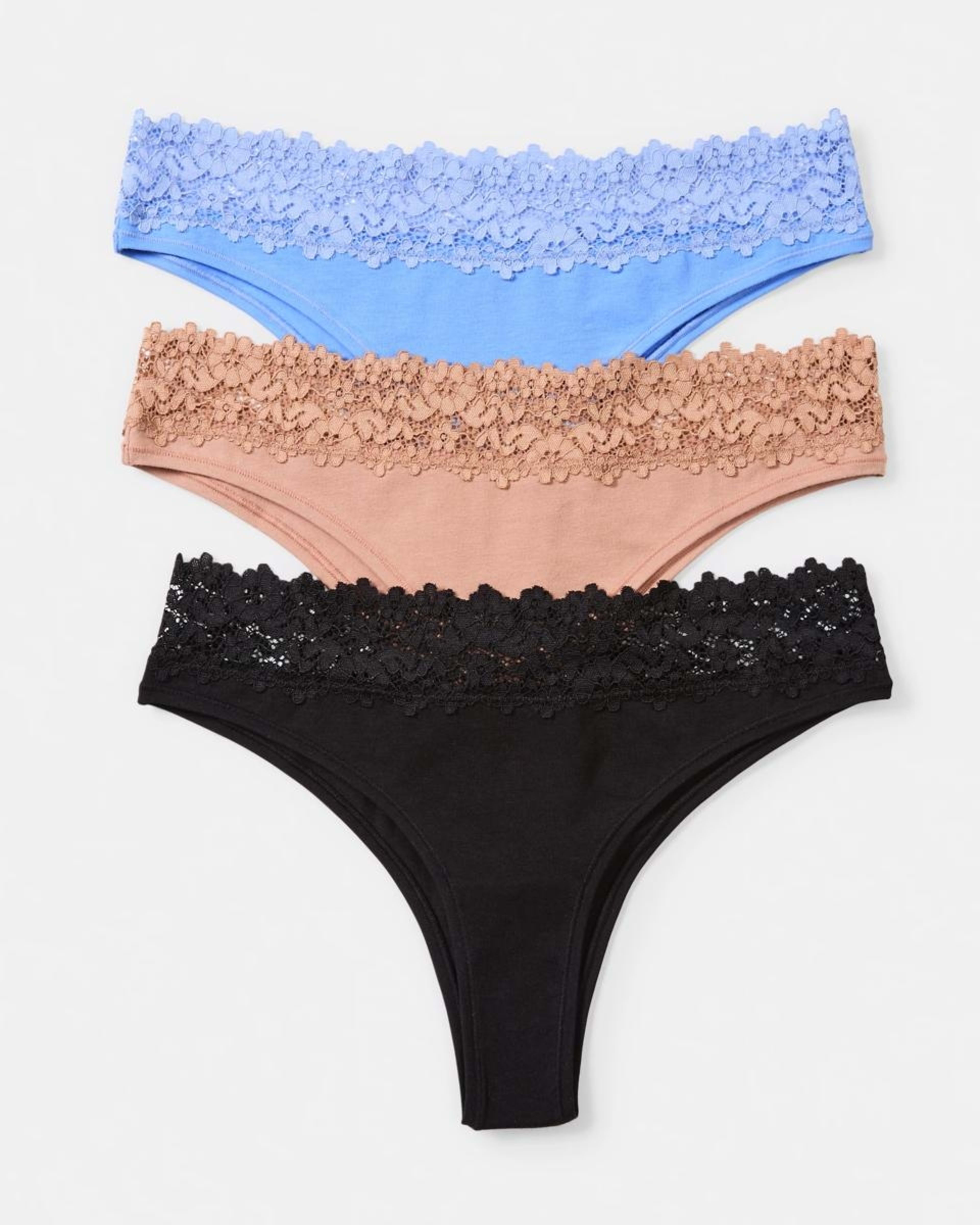 1 3 Pack Cotton Lace Tanga Briefs BLACK, SOFT CLAY, HYDRANGEA, 1 of 8