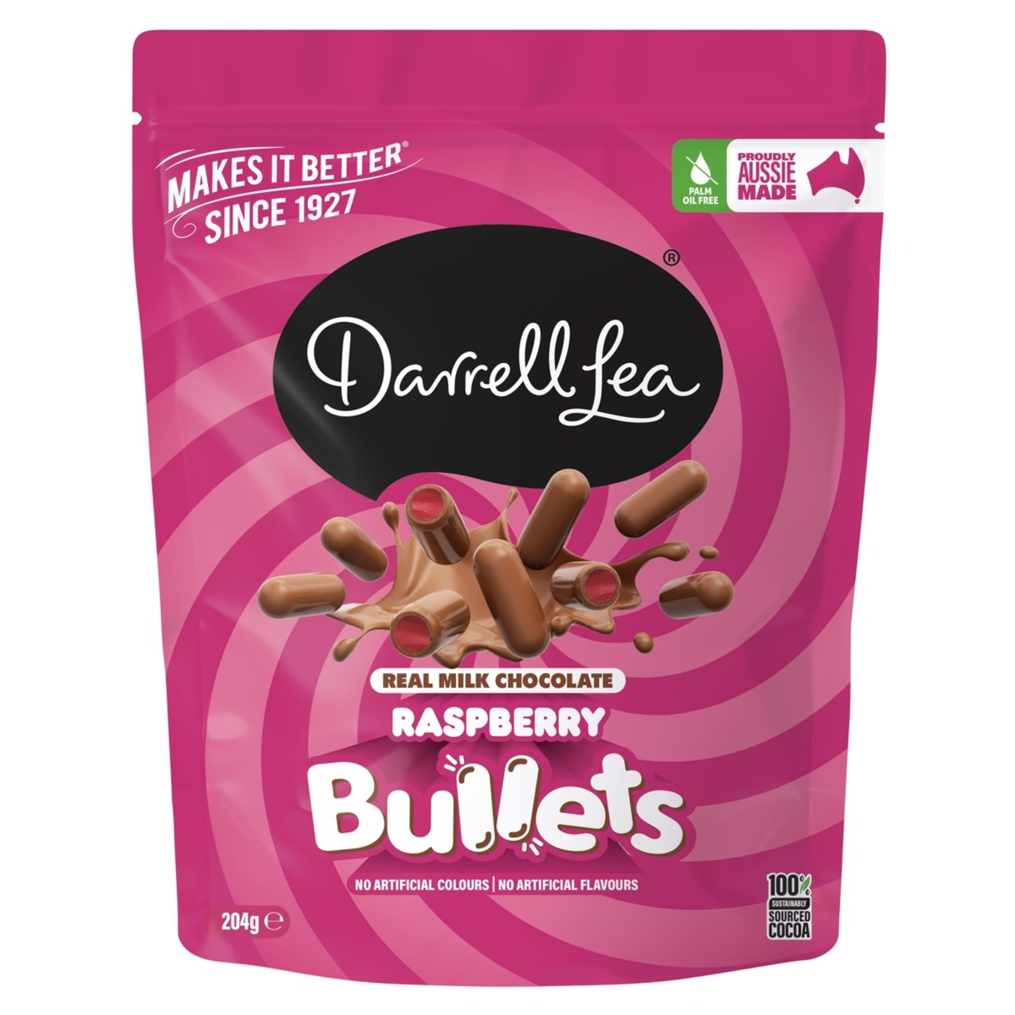 1 Darrell Lea Real White Chocolate and Raspberry Bullets 204g, 1 of 2