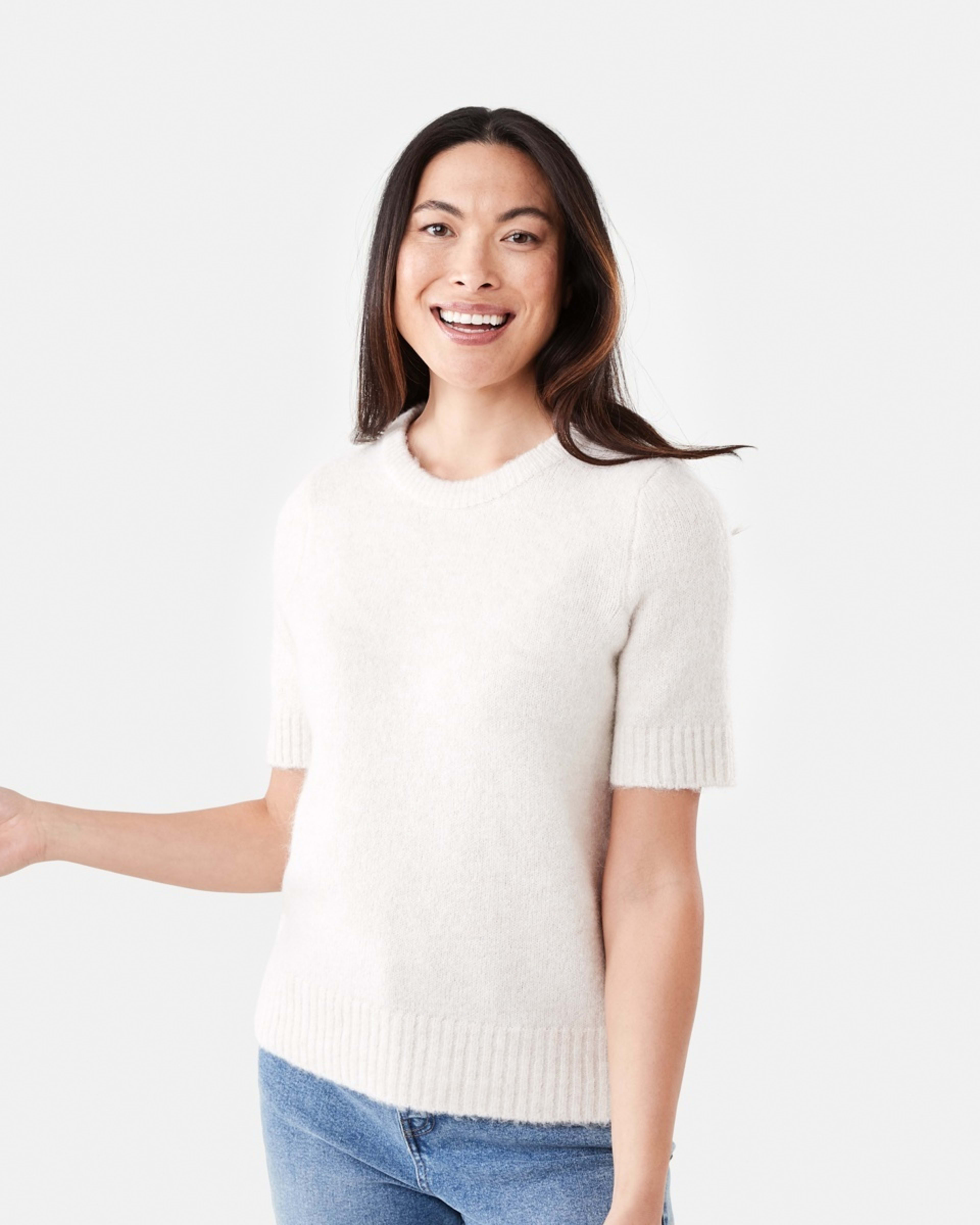 1 Short Sleeve Fluffy Knit Jumper Beige Marl