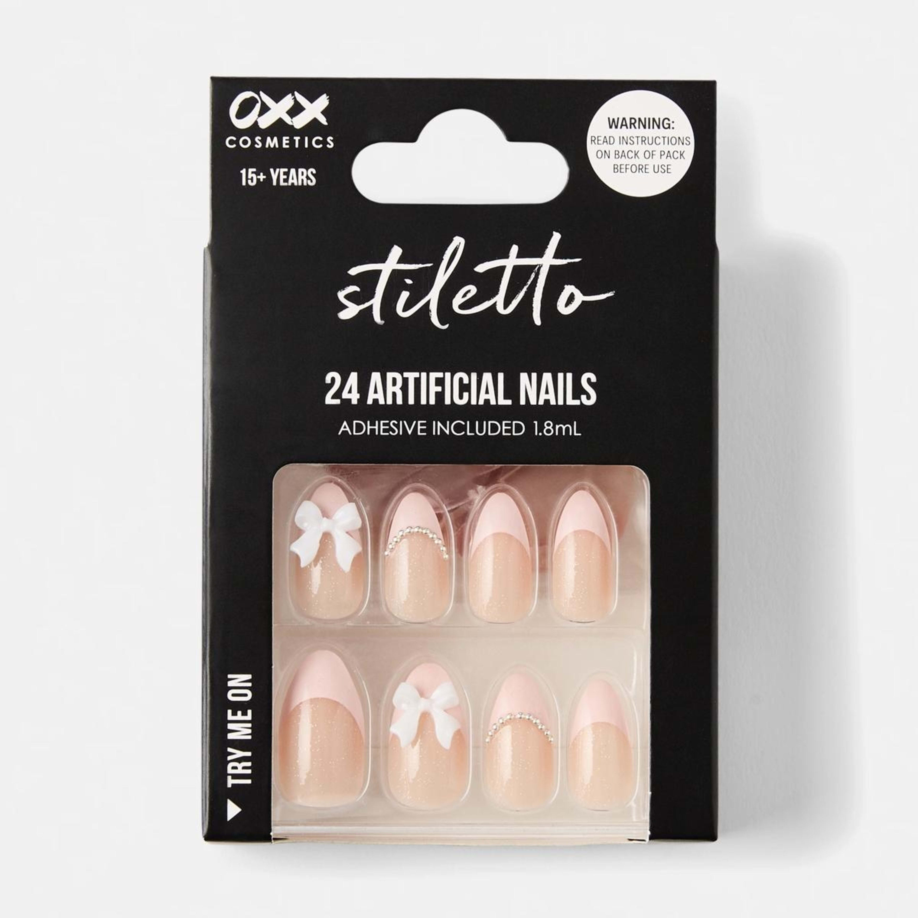 1 OXX Cosmetics 24 Pack Artificial Nails with Adhesive - Stiletto Shape, 3D Bow