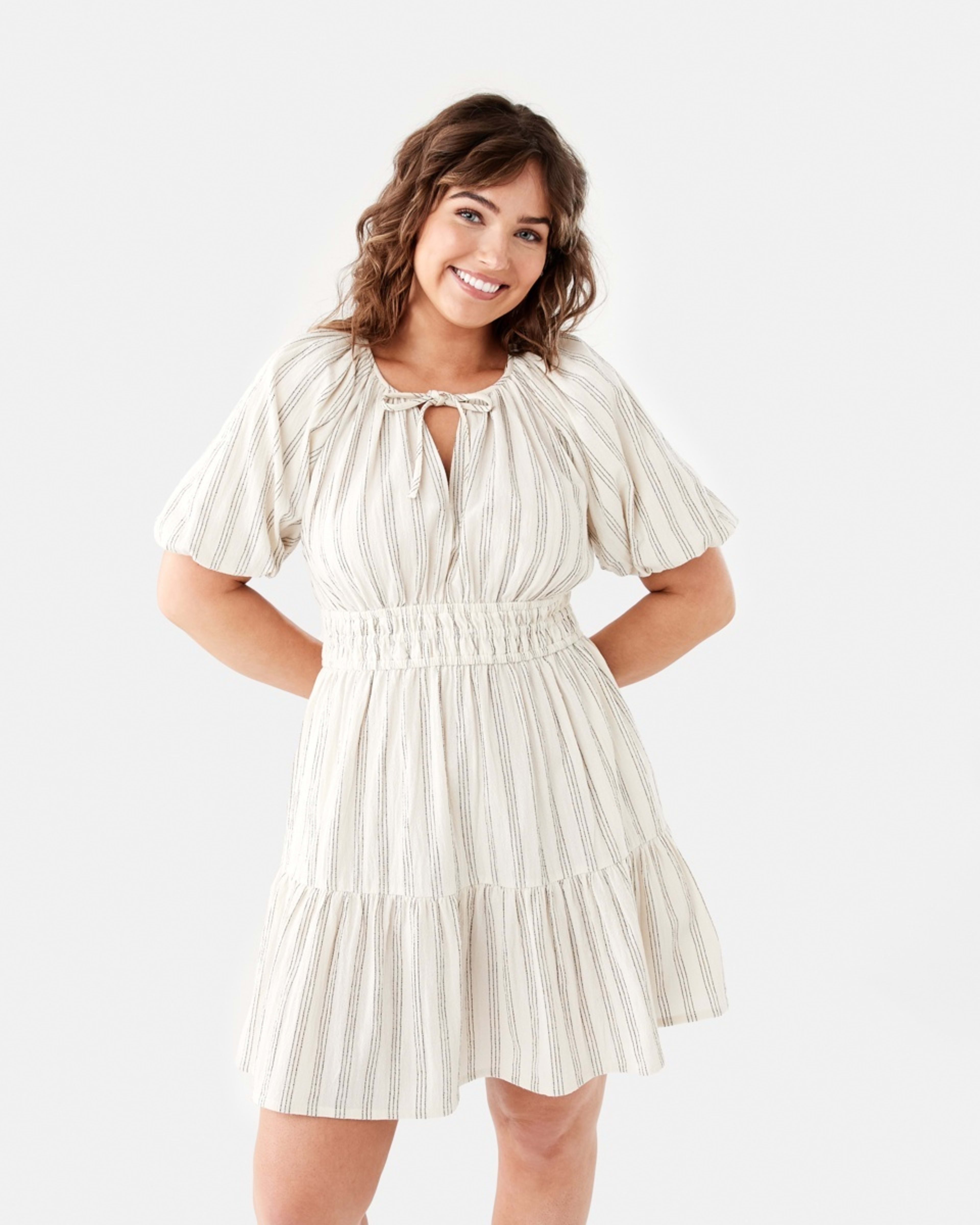 1 Short Sleeve Shirred Waist Mini Dress TRIPPLE STRIPE NATURAL BEIGE