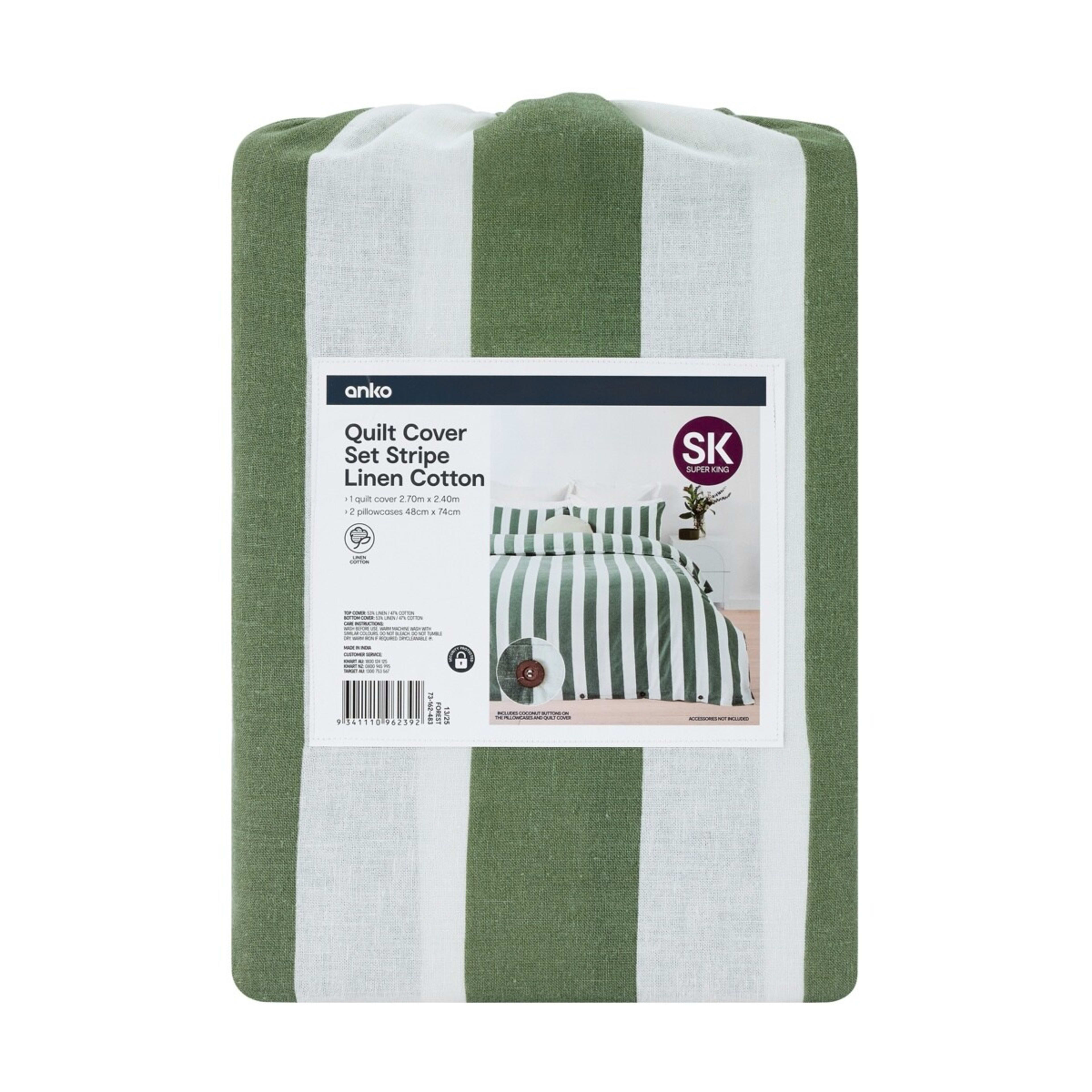 8 Stripe Linen Cotton Quilt Cover Set - Super King Bed, Forest, 8 of 8