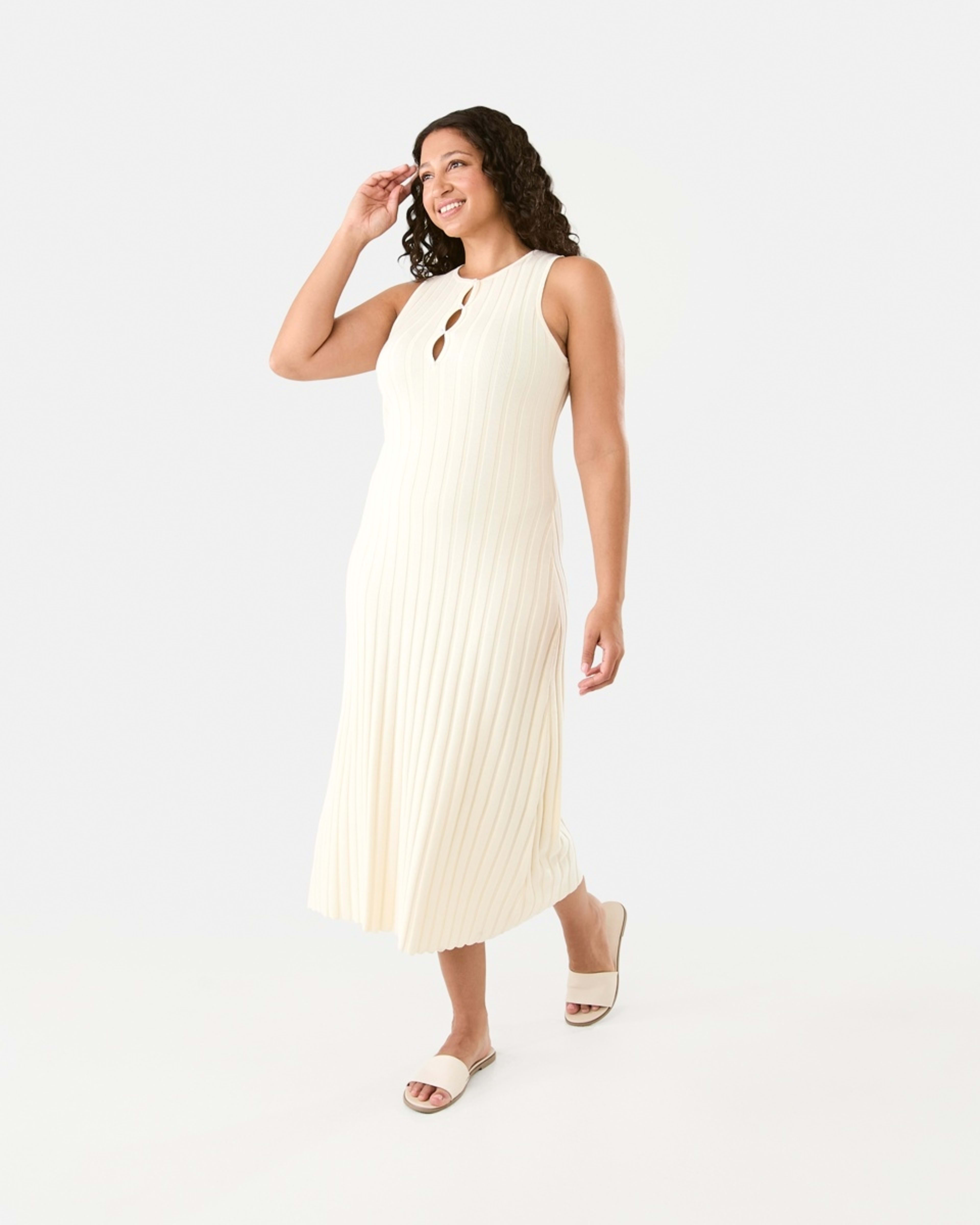2 Sleeveless Keyhole Knit Midi Dress Ecru, 2 of 6