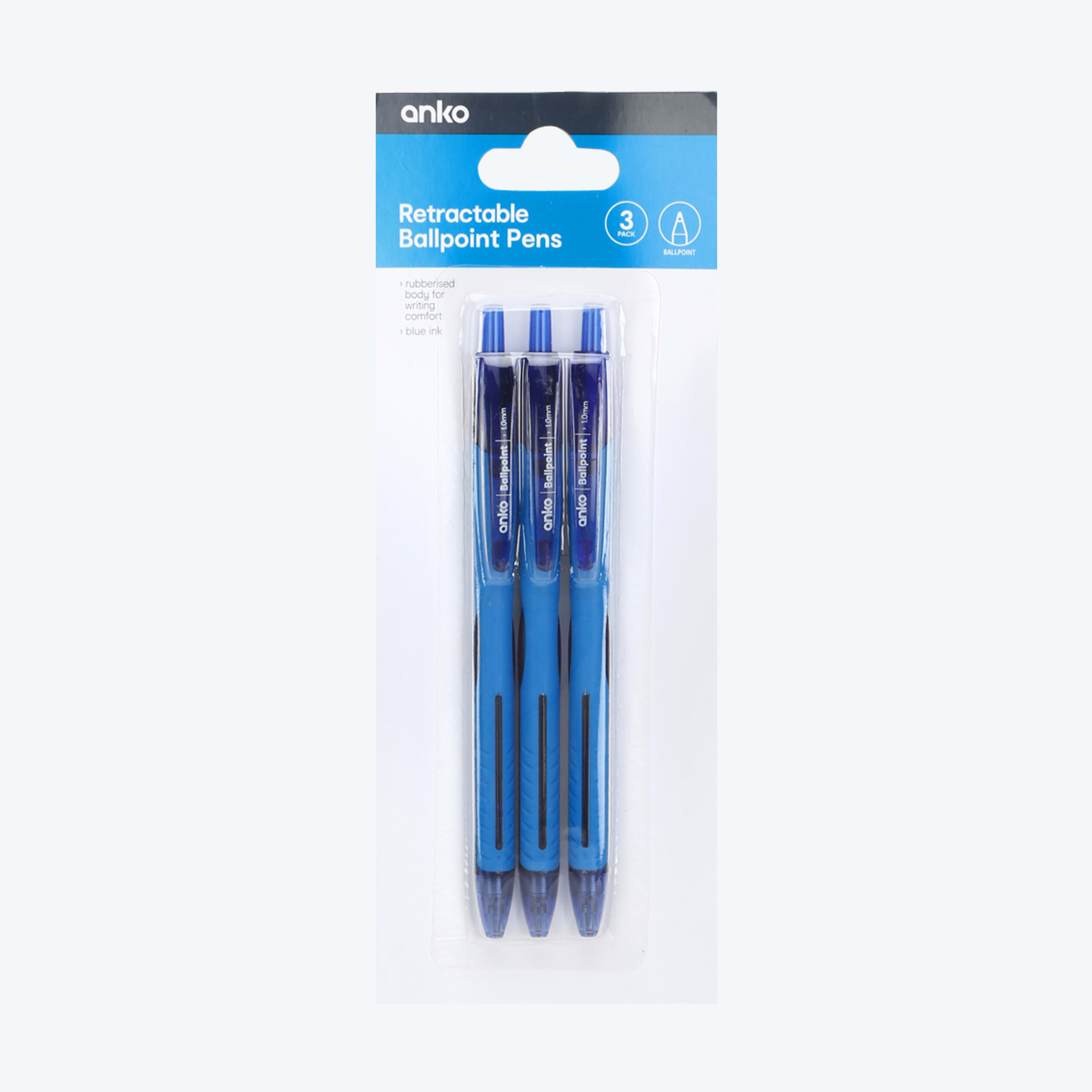 3 Pack Retractable Ballpoint Pens Blue Kmart