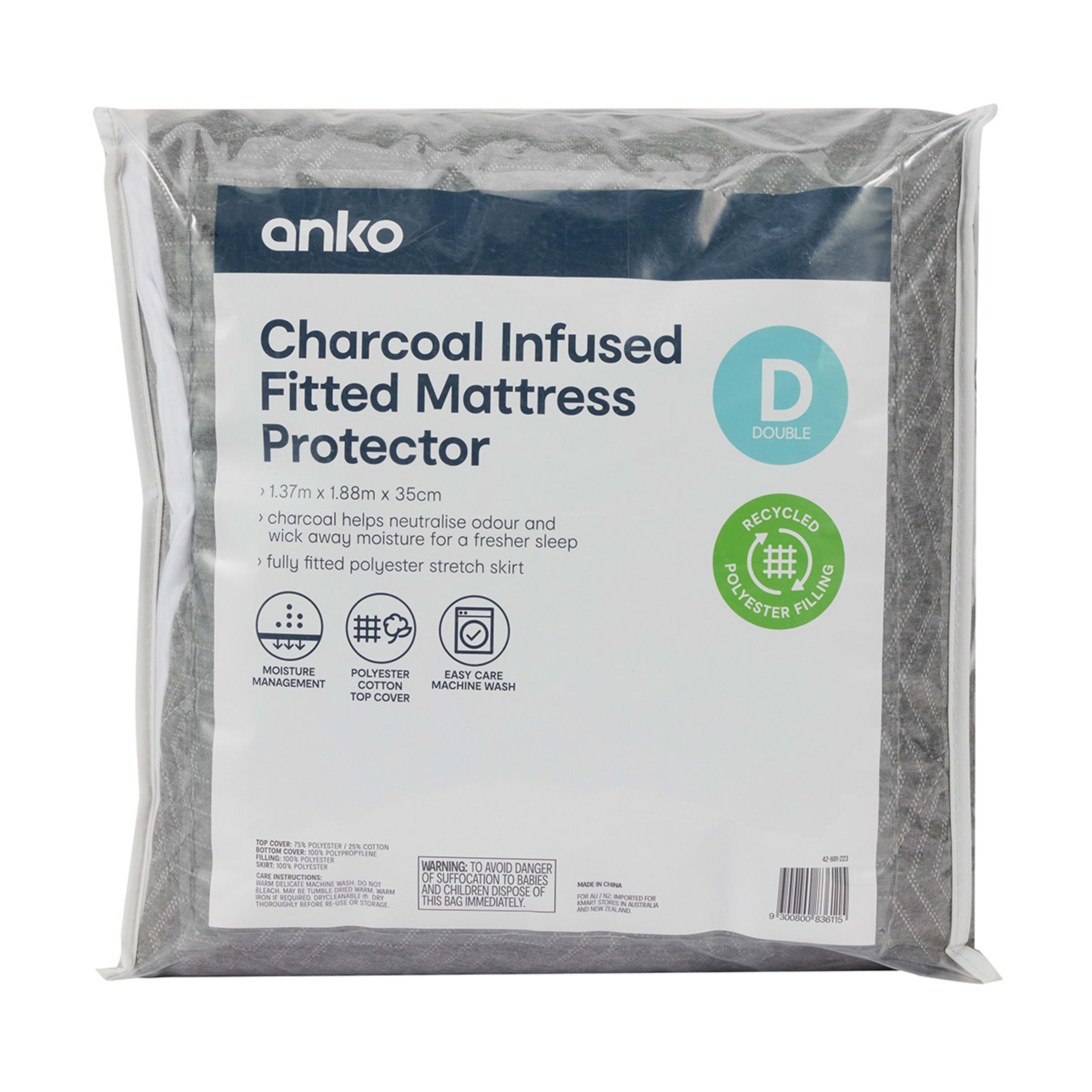 Charcoal Infused Fitted Mattress Protector - Double Bed - Kmart