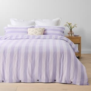 Stripe Linen Cotton Quilt Cover Set - King Bed, Berry