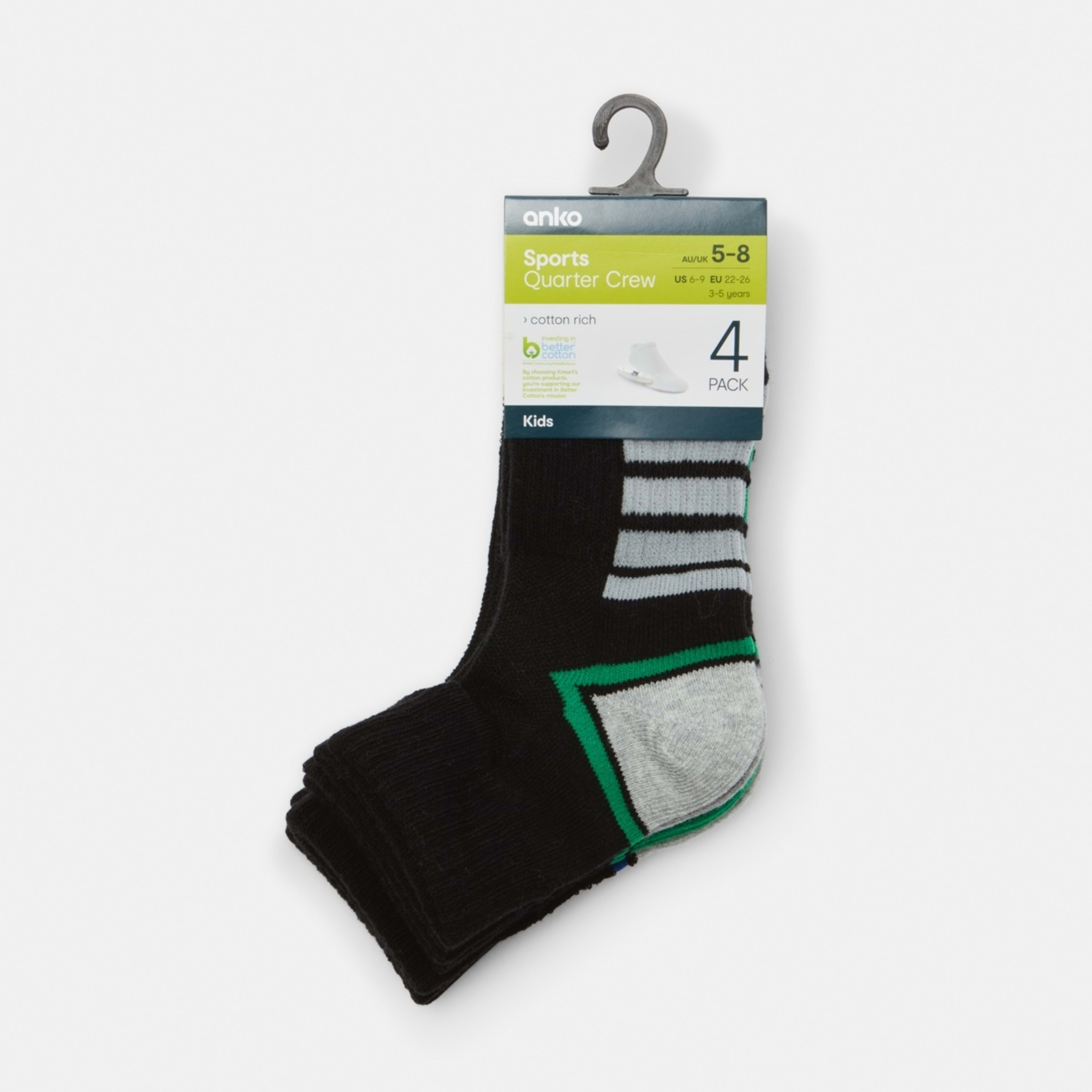 3 4 Pack Active Kids Sports Quarter Crew Socks Blue, Green, 3 of 3