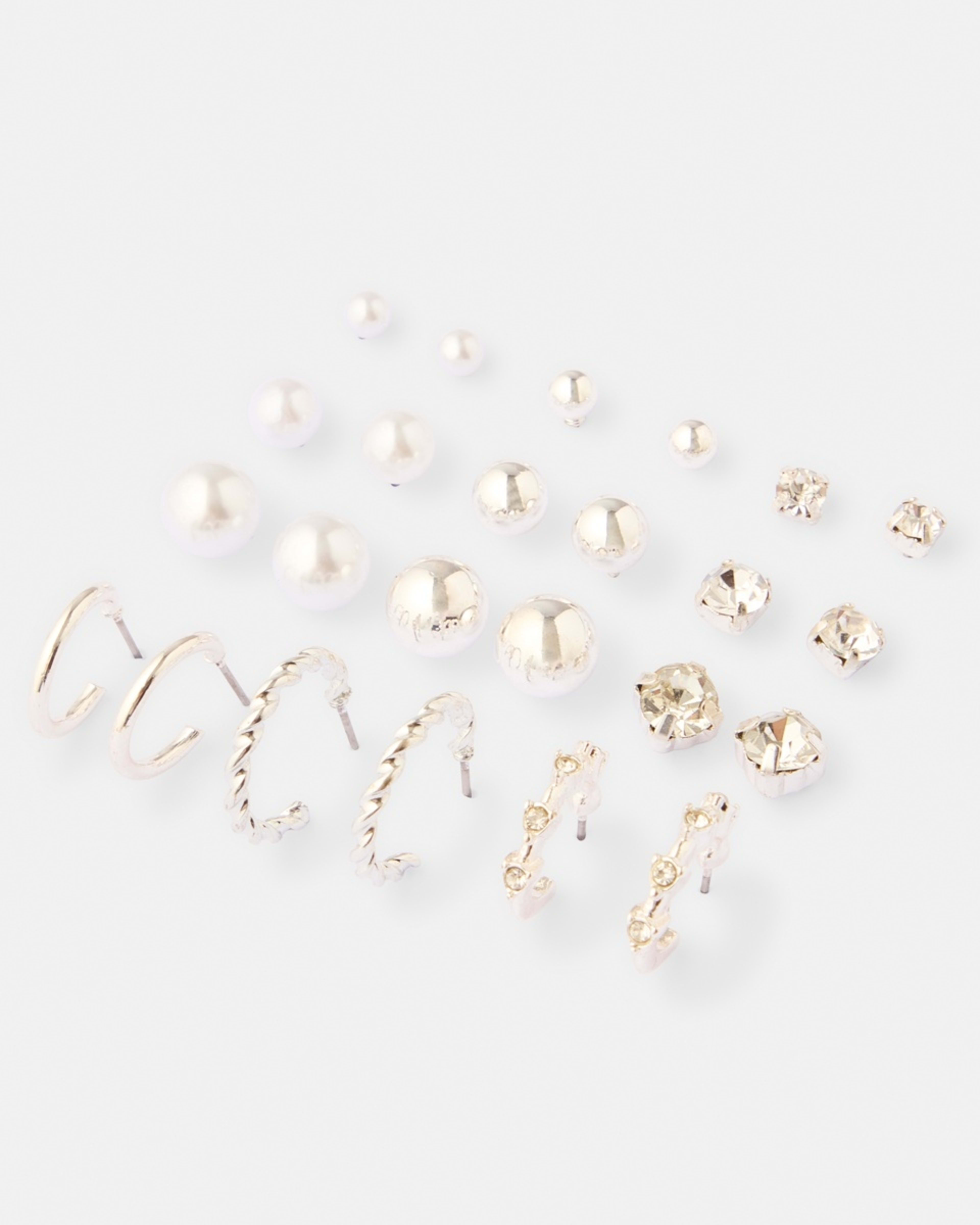 2 12 Pack Diamante Faux Pearl Hoop and Stud Earrings - Silver Tone Silver, 2 of 5
