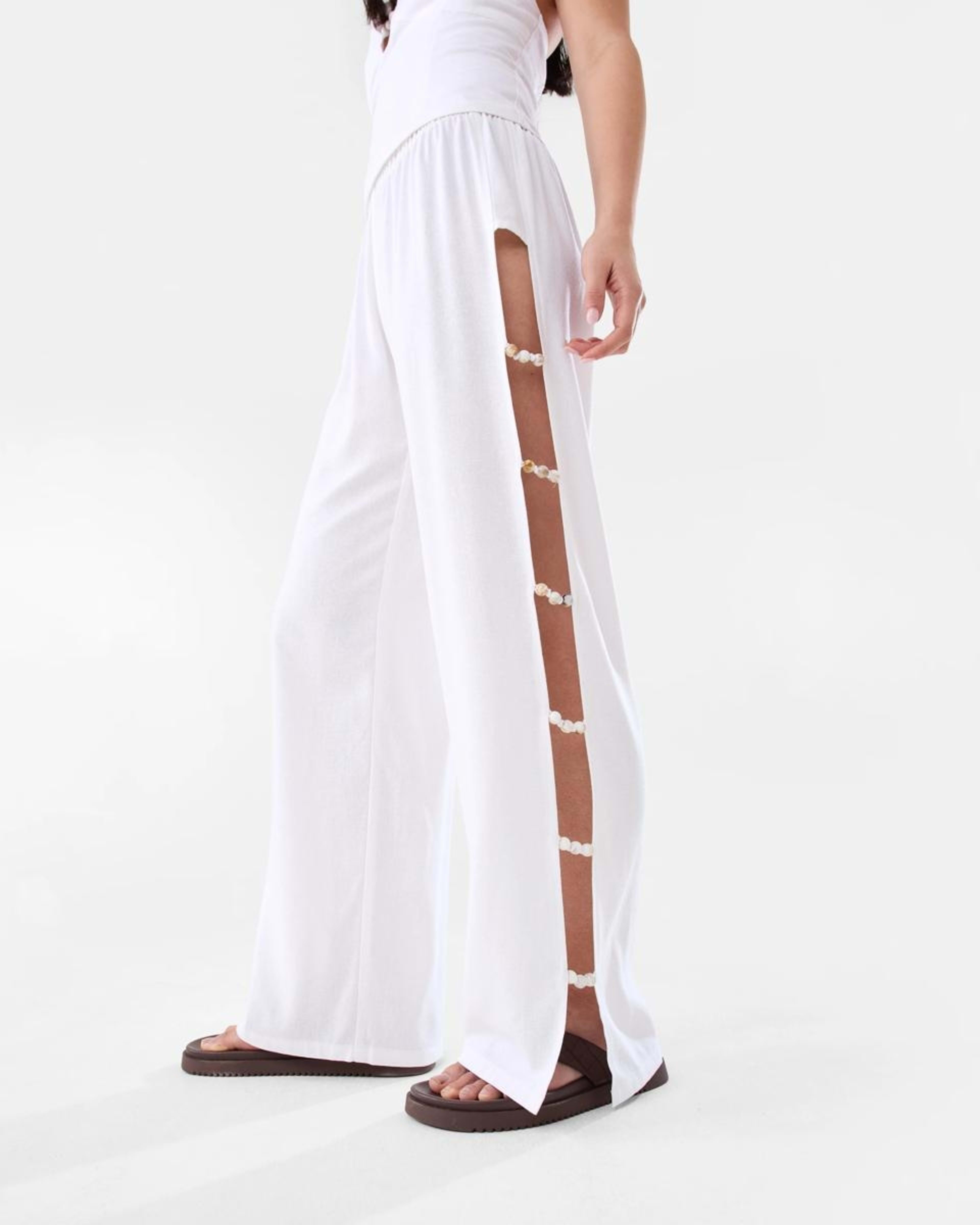 1 Linen Blend Beaded Pants White