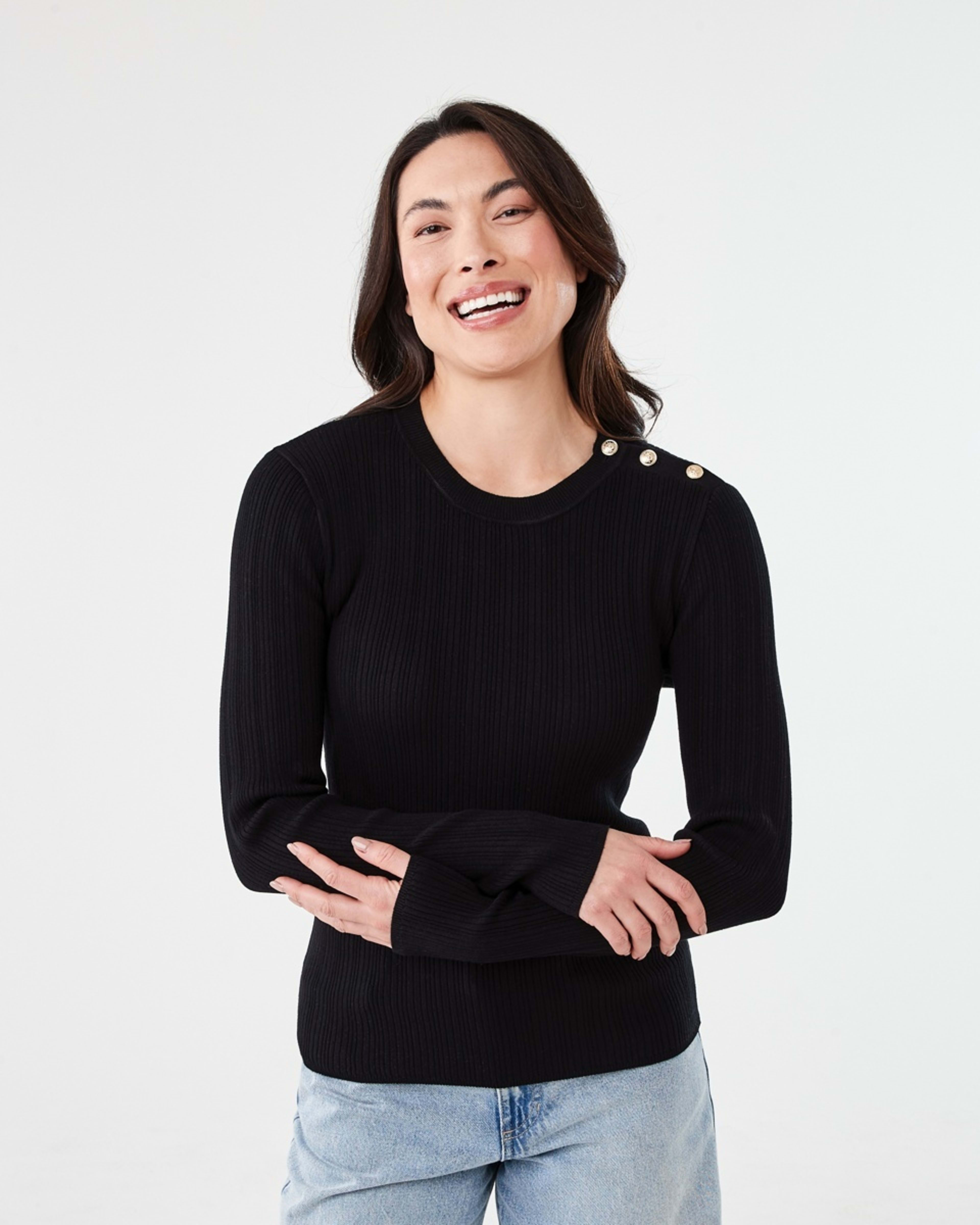 1 Long Sleeve Button Detail Top Black