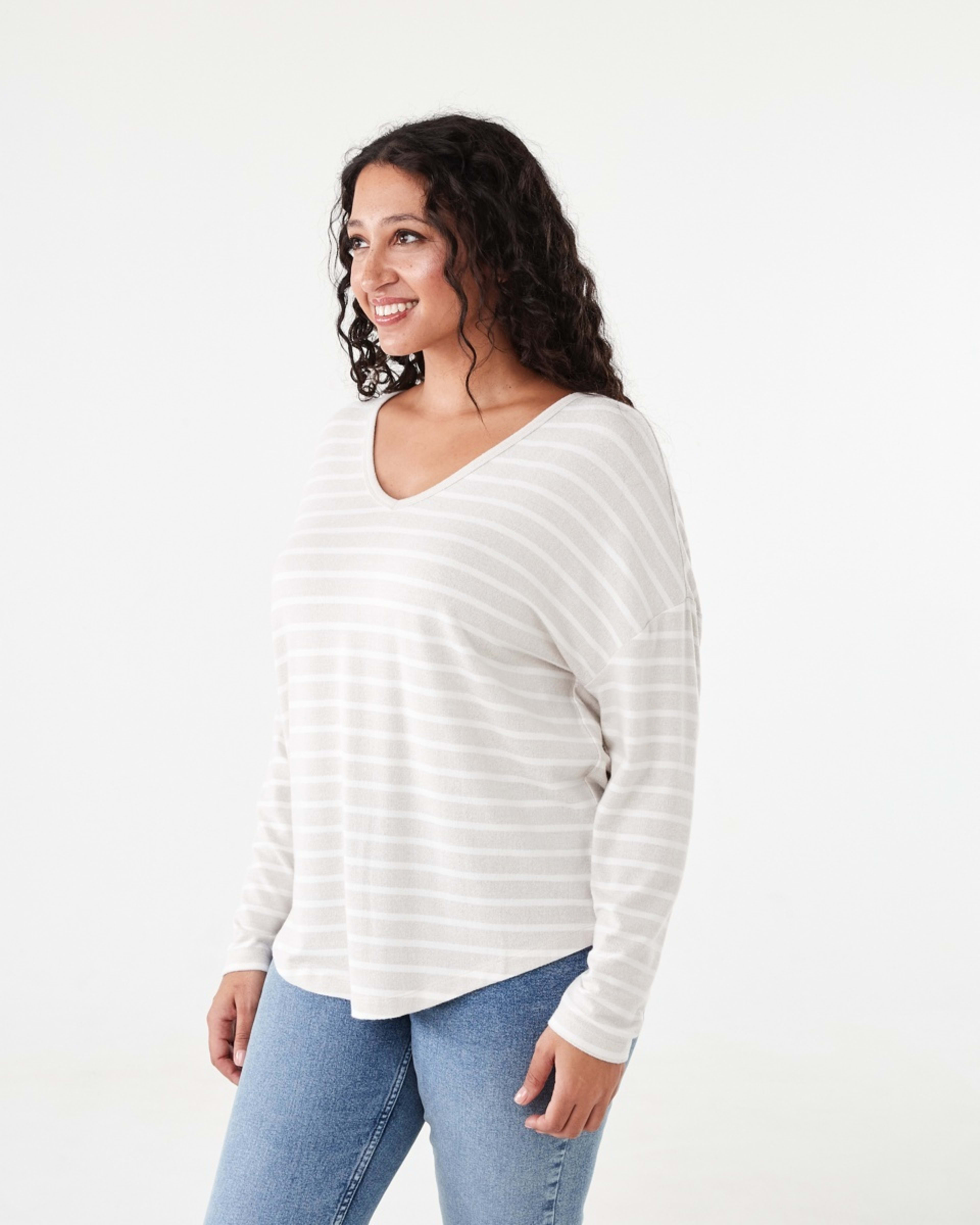 2 Long Sleeve Brushed V-Neck Top Tonal Strp, 2 of 5