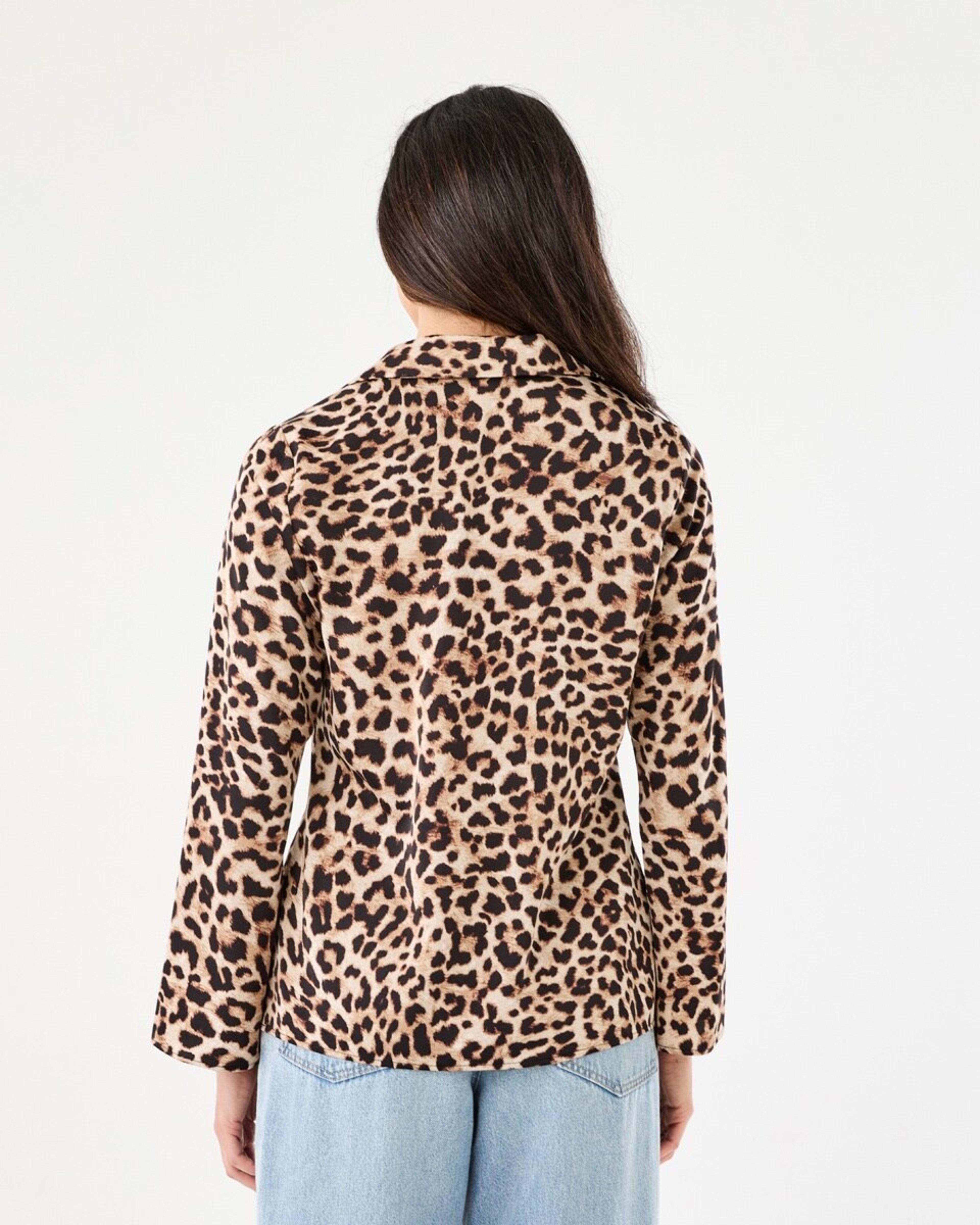 3 Long Sleeve Satin Tie Front Top Brwn Leo, 3 of 7
