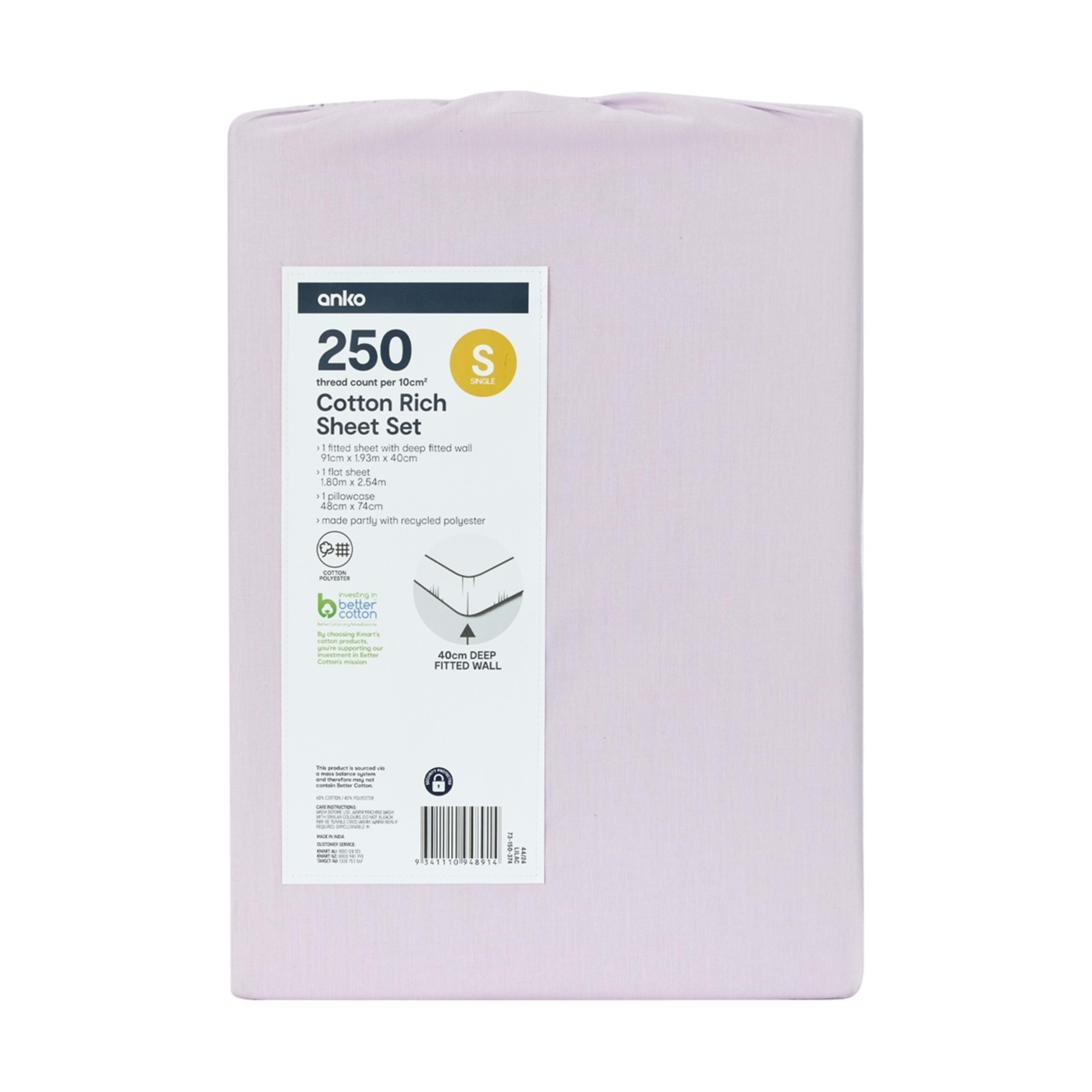 7 250 Thread Count Cotton Rich Sheet Set - Single Bed, Lilac, 7 of 7
