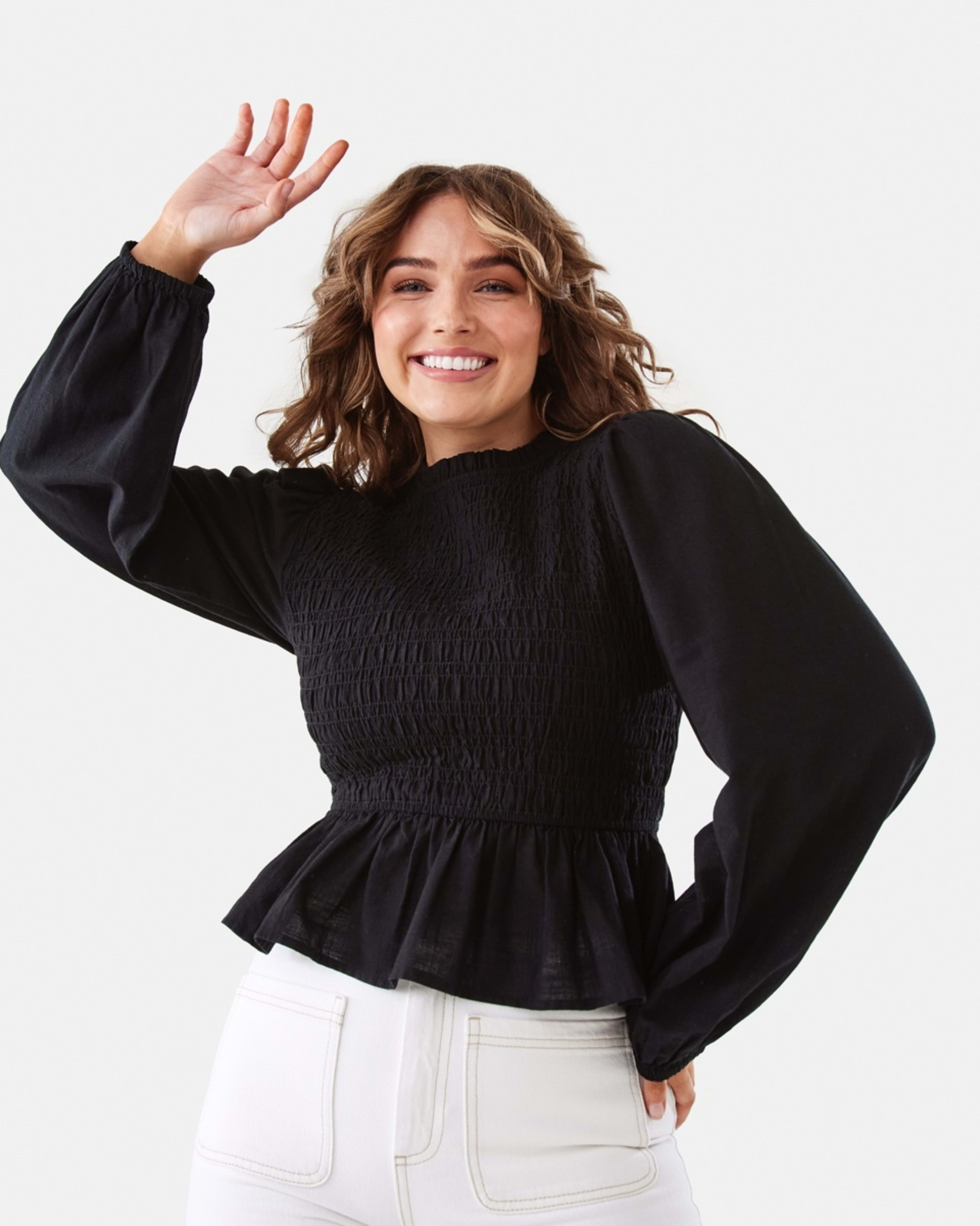 1 Long Sleeve Shirred Bodice Top Black