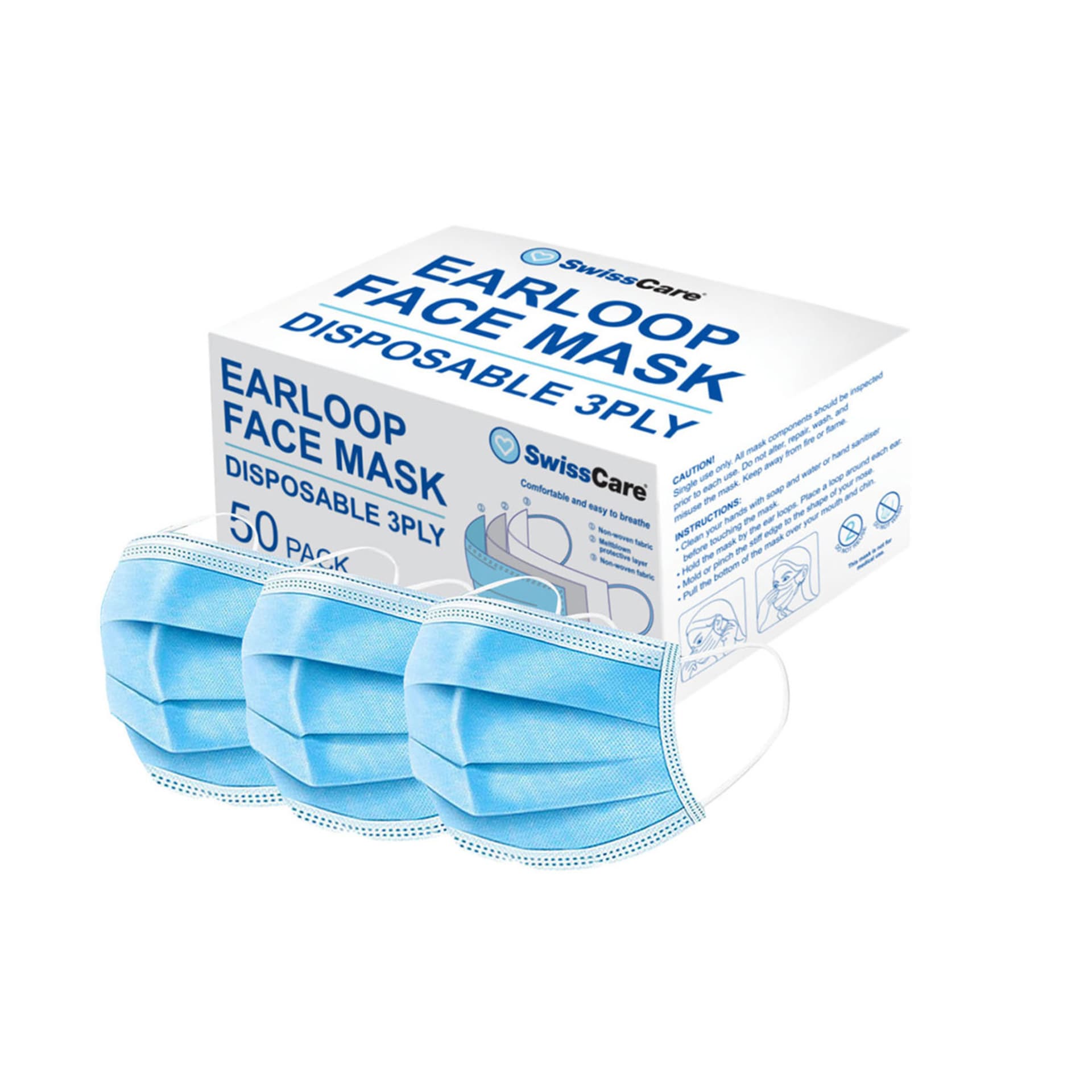 50 Pack SwissCare Disposable 3 Ply Earloop Face Masks Kmart