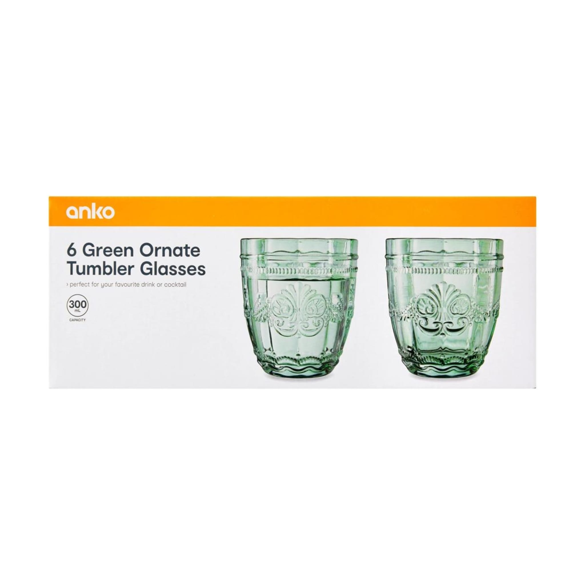 6 Green Ornate Tumbler Glasses - Kmart