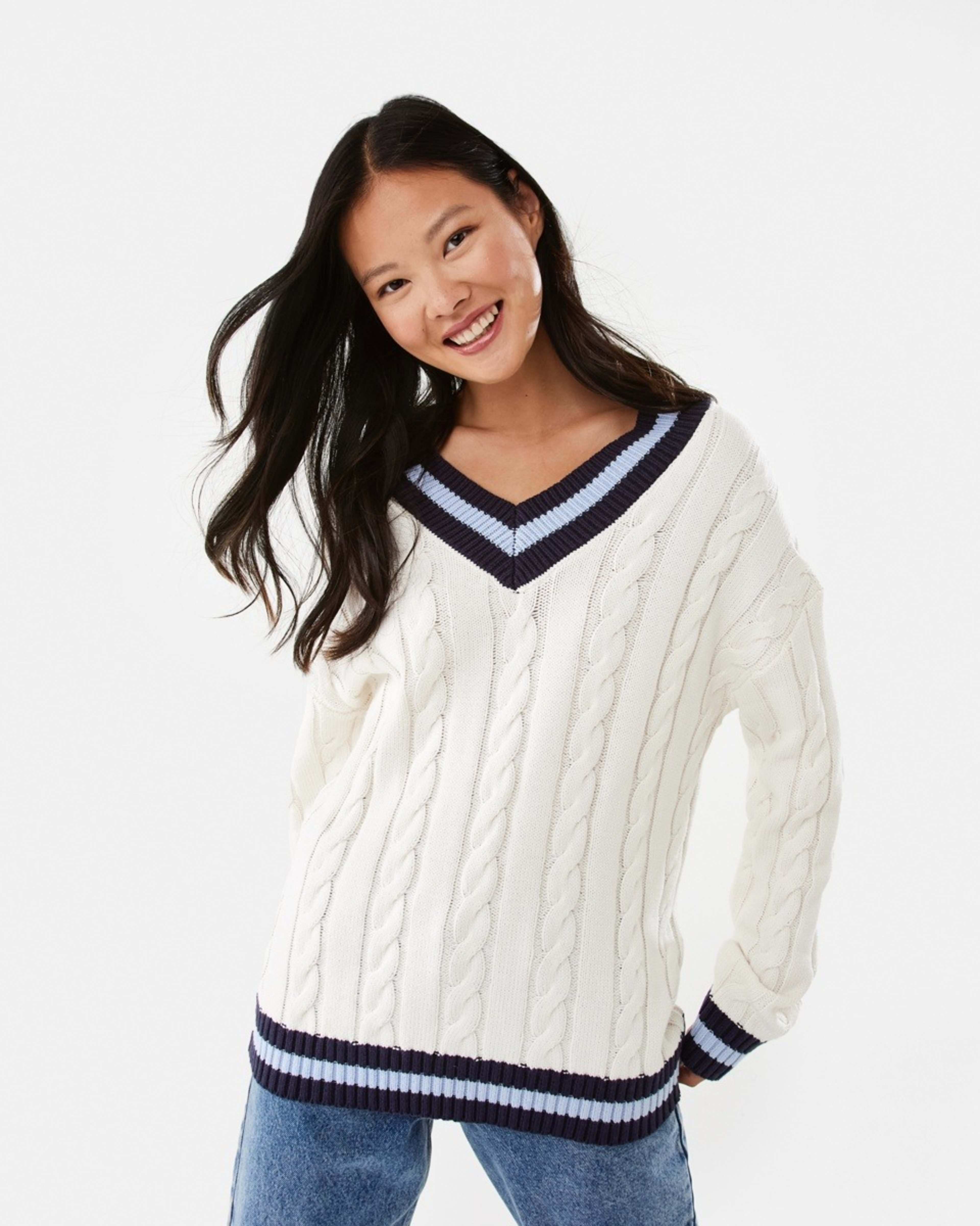 1 Cable V-Neck Jumper Ecru Tip