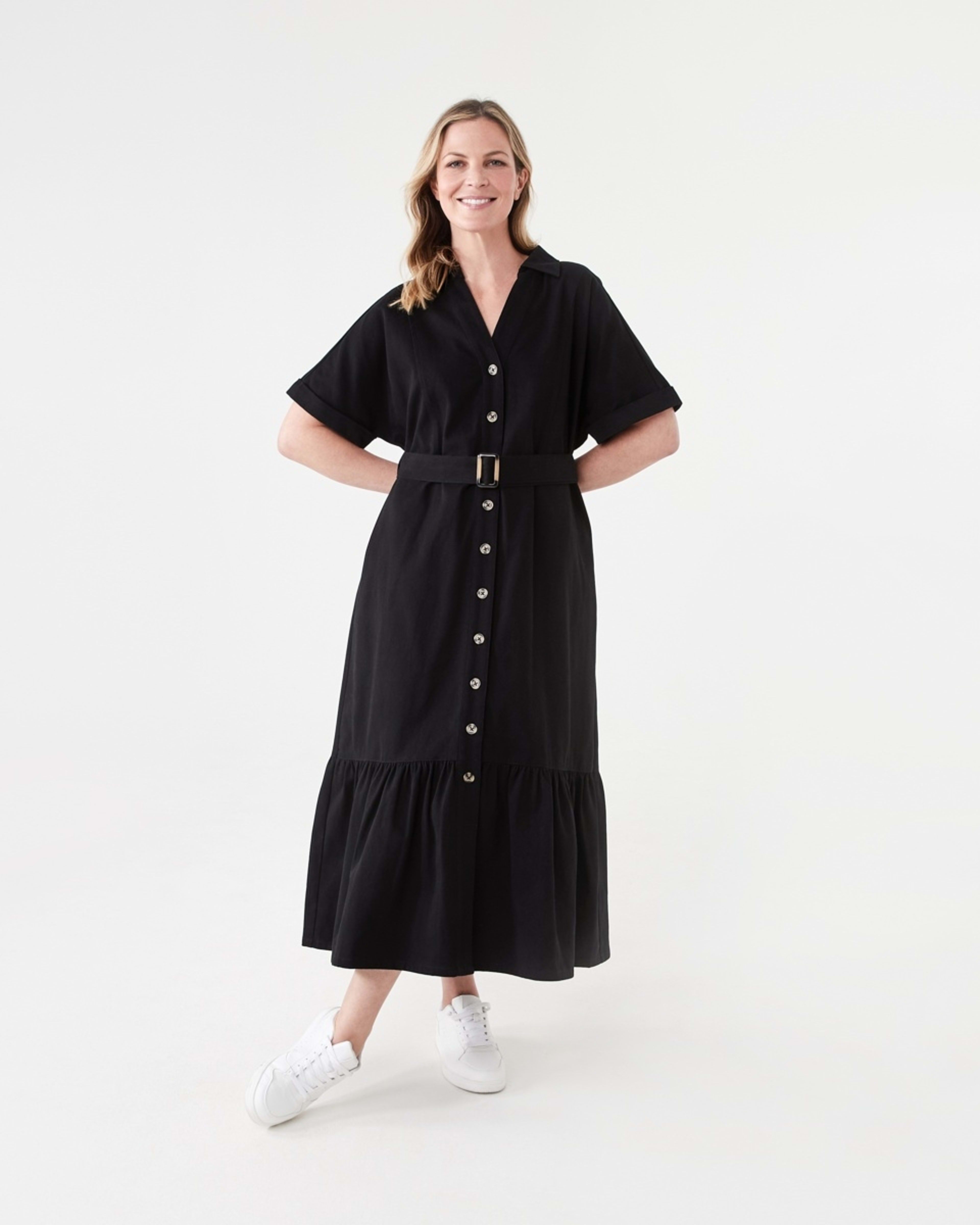 1 Short Sleeve Denim Button Through Midi Dress BLACK
