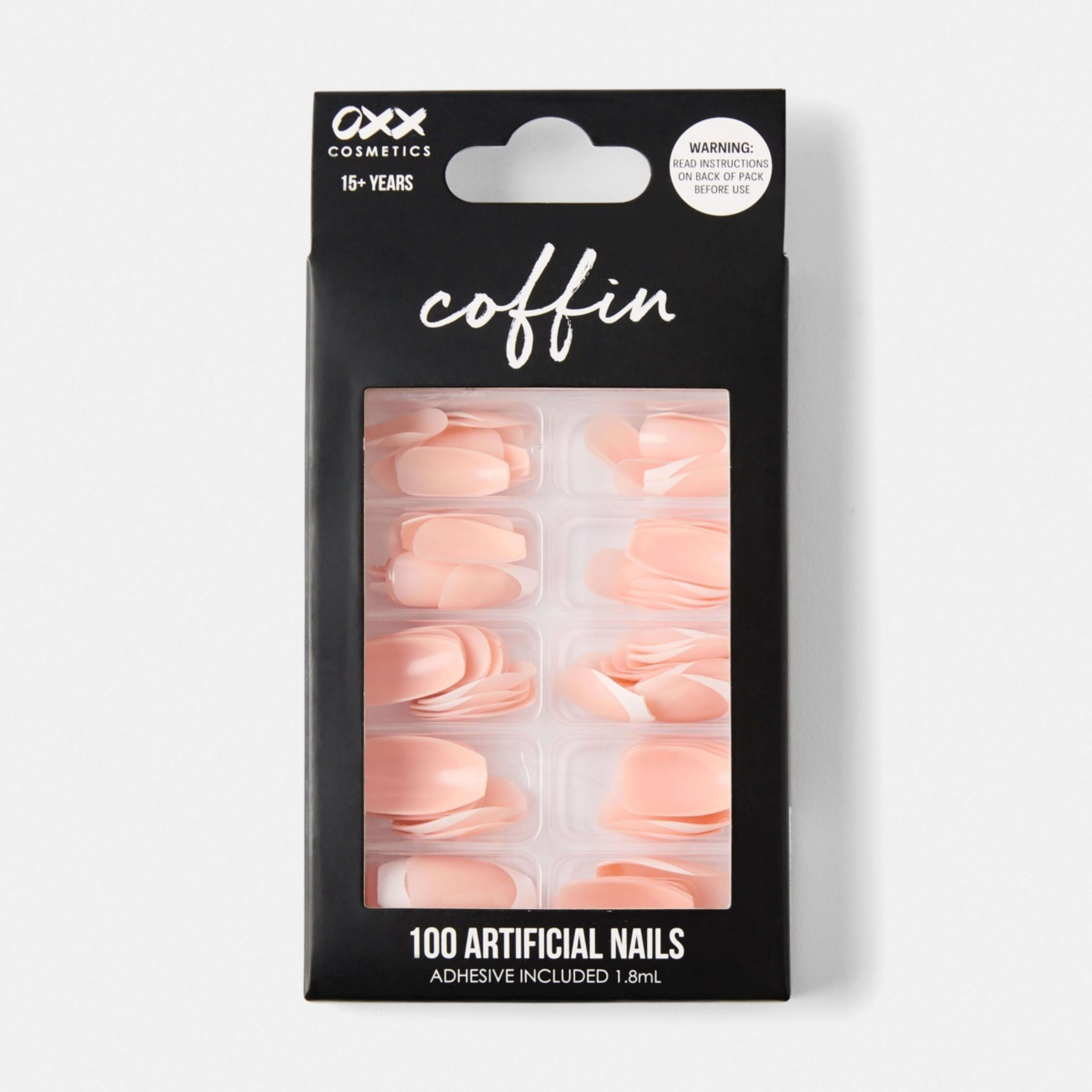 1 OXX Cosmetics 100 Pack Artificial Nails with Adhesive - Coffin Shape, French Tip
