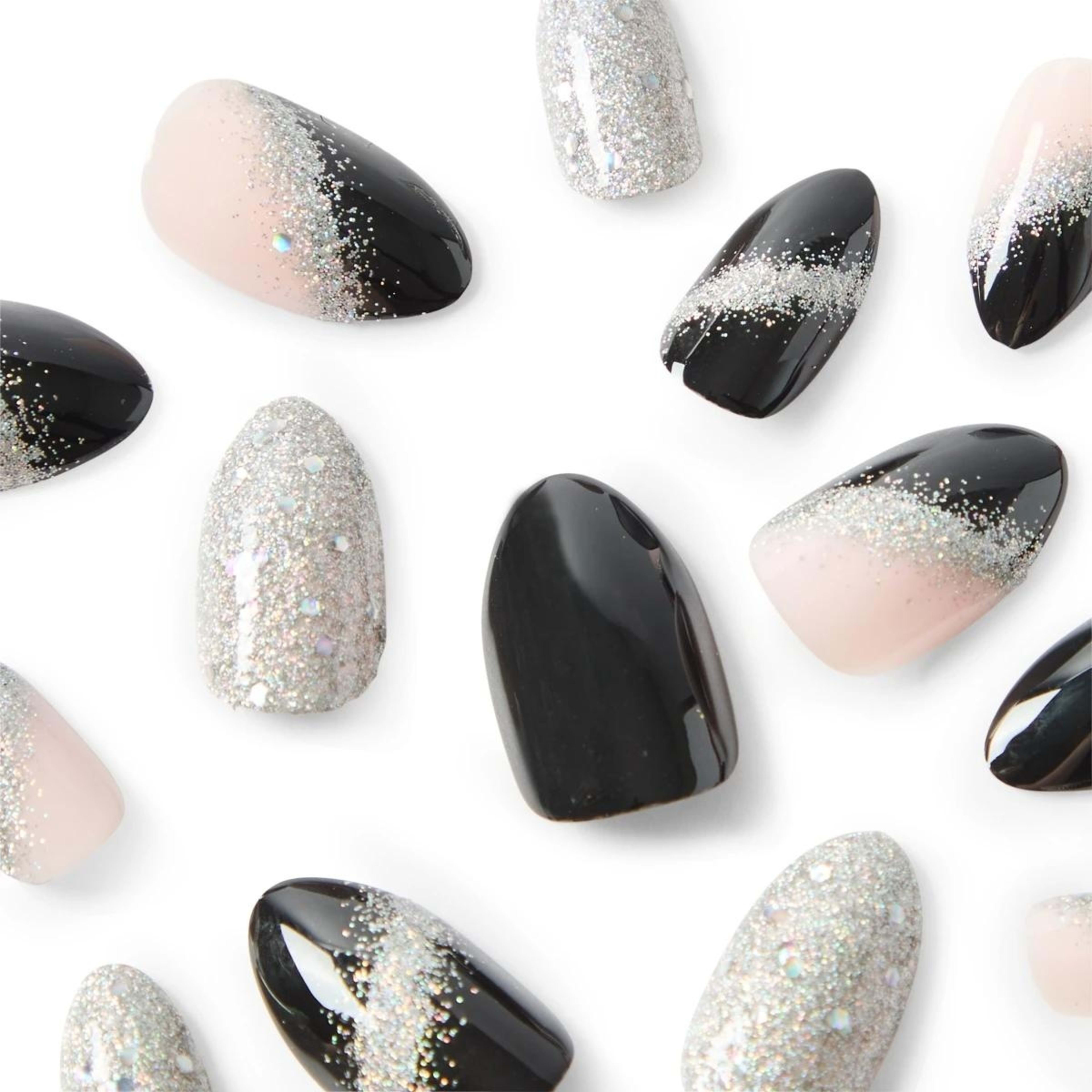 3 OXX Cosmetics 24 Pack Artificial Nails with Adhesive - Almond Shape, Black and Silver Glitter, 3 of 5