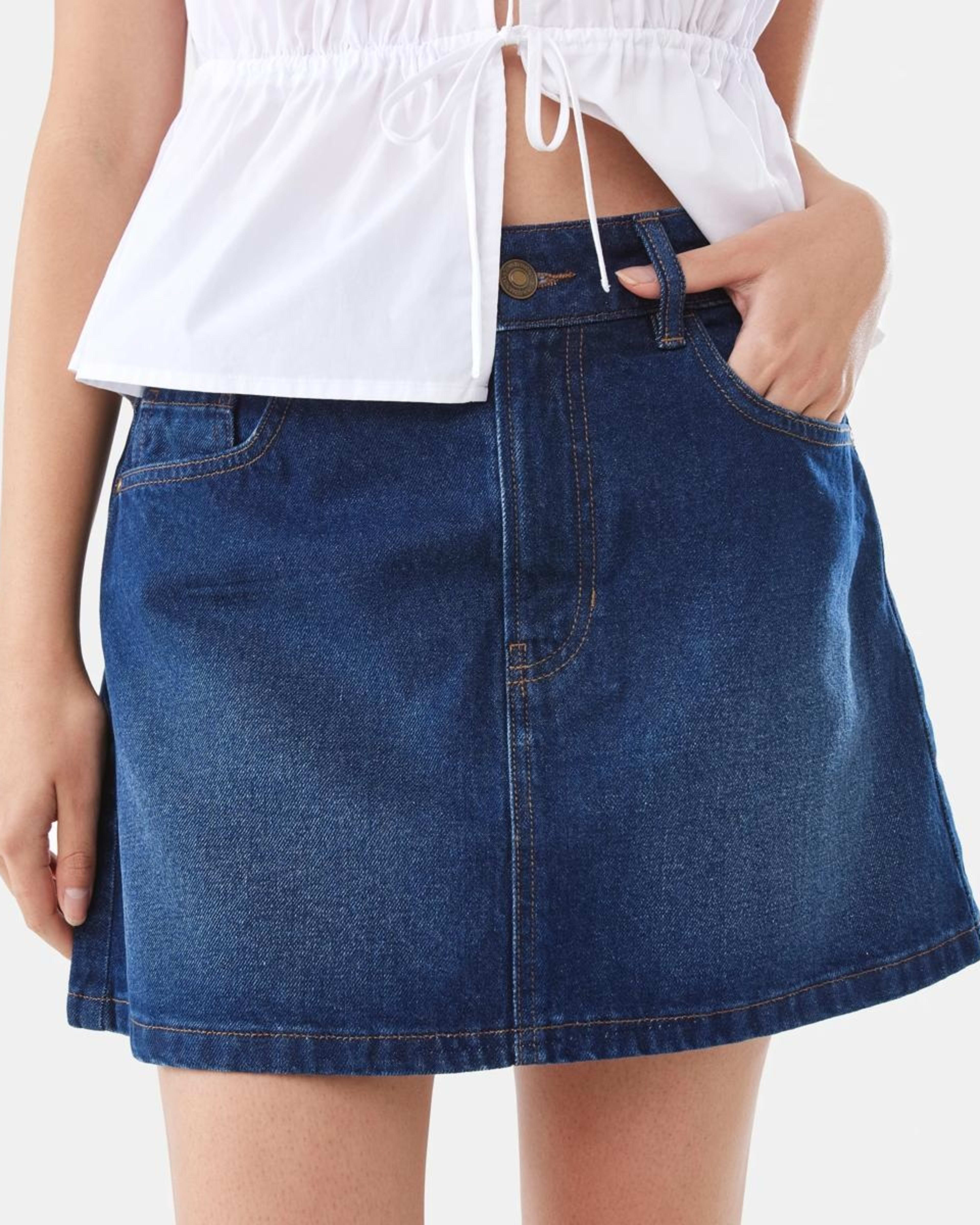 1 Denim A-line Mini Skirt MID WASH, 1 of 10